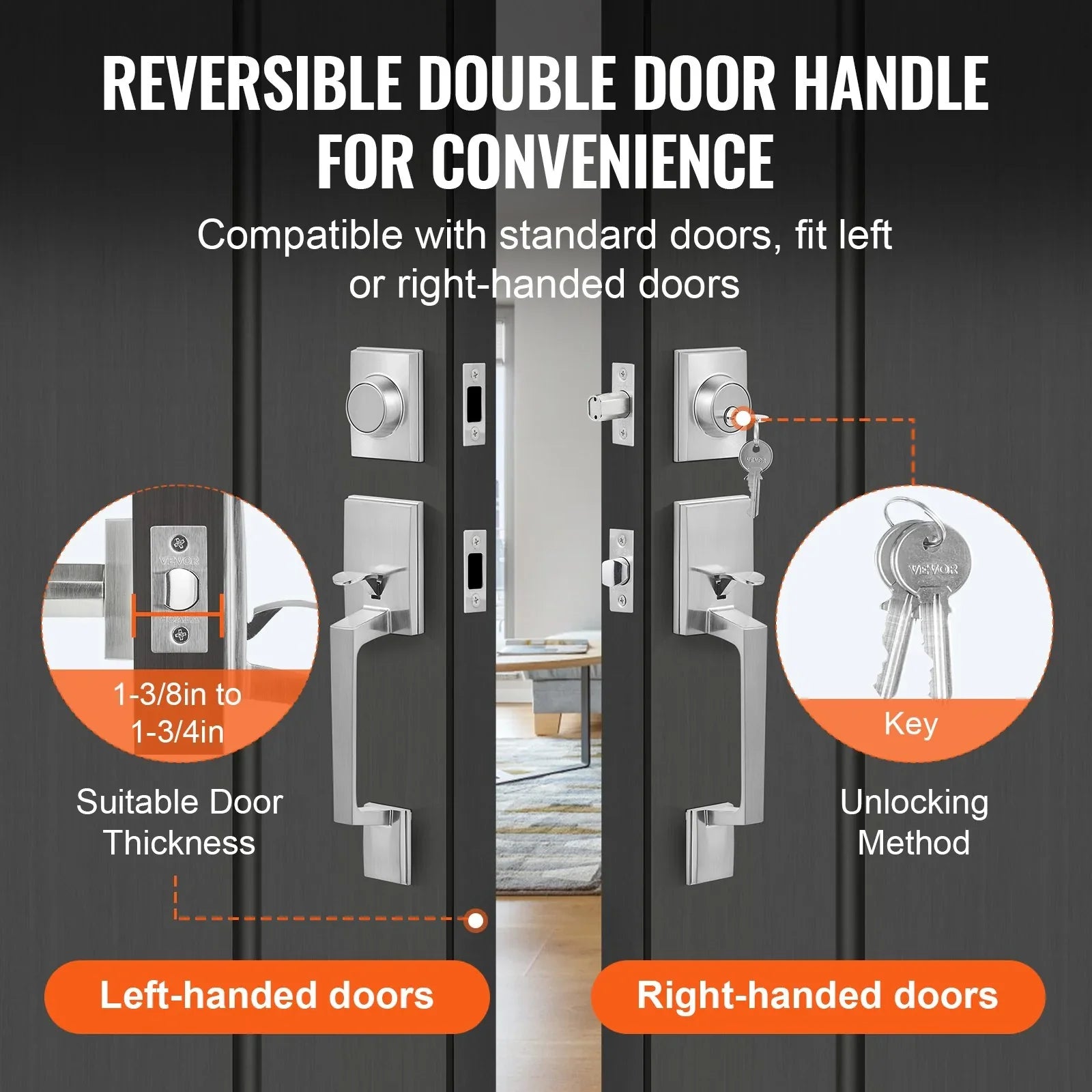 Double Door Handle Set, Satin Nickel Square Door Lever, Heavy Duty Double Front Door Handle Set with Dummy, Double Door Lock Set with Reversible Handle Lever, for Front Door or Office Door