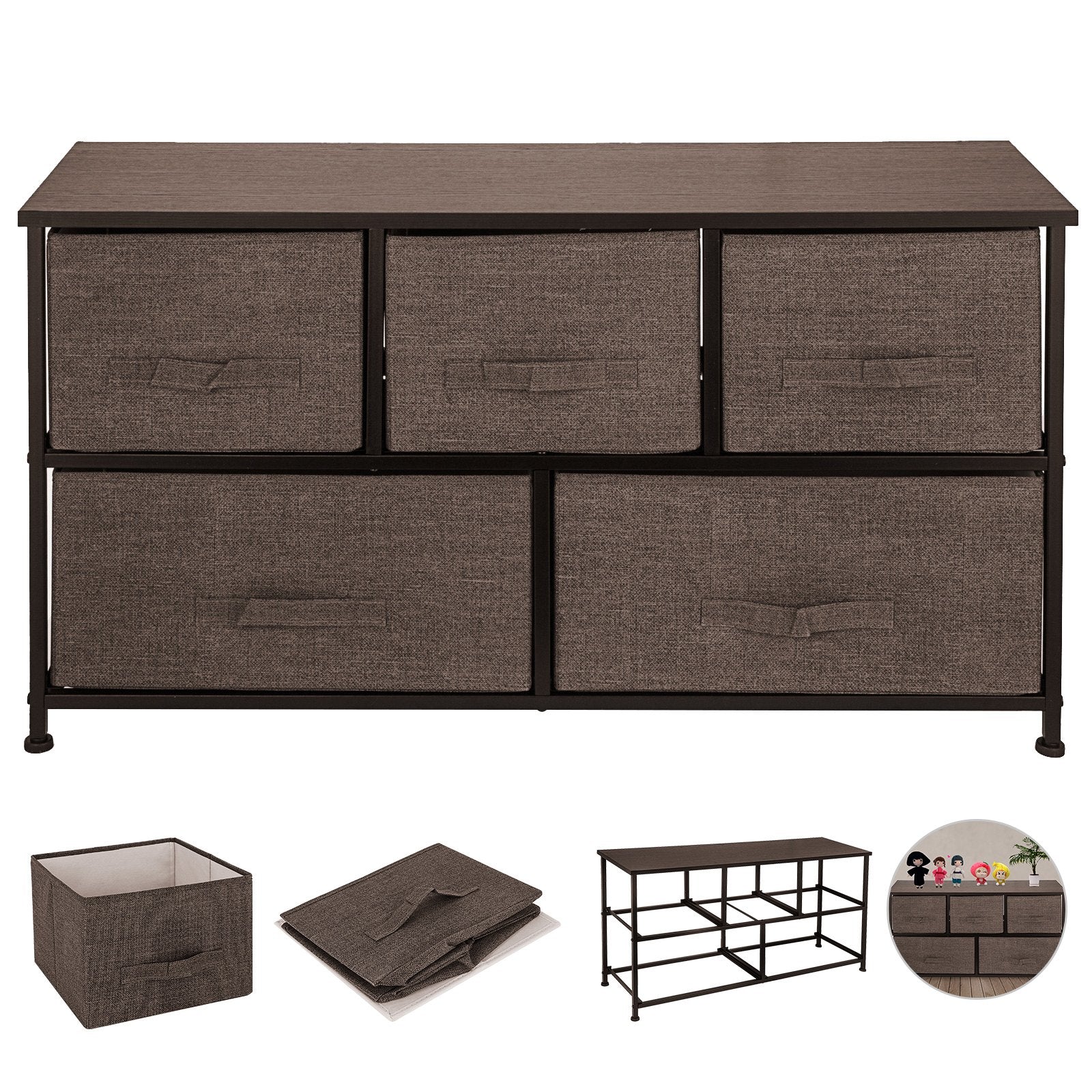 Dresser Storage Tower with 5 Fabric Drawer Steel Frame Storage Cabinet Bin Storage Organizer Unit Fabric Cube Dresser Chest Cabinet Coffee Wide (Coffee/Wide)