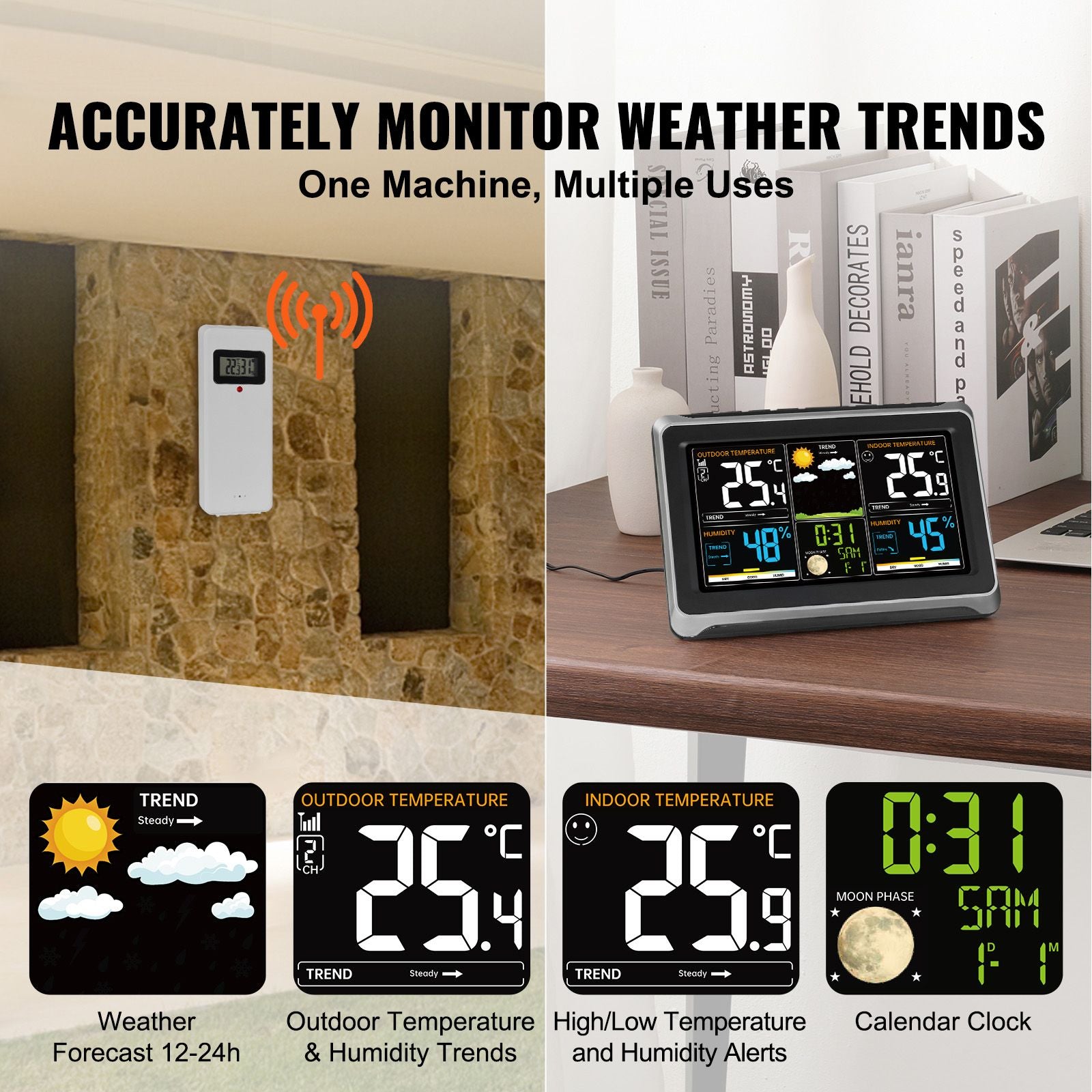 Weather Station Indoor Outdoor, Large Color Display, Wireless Digital Home Weather Station, with Sensor Atomic Clock Adjustable Backlight Forecast Data Calendar Alarm Alert Temperature