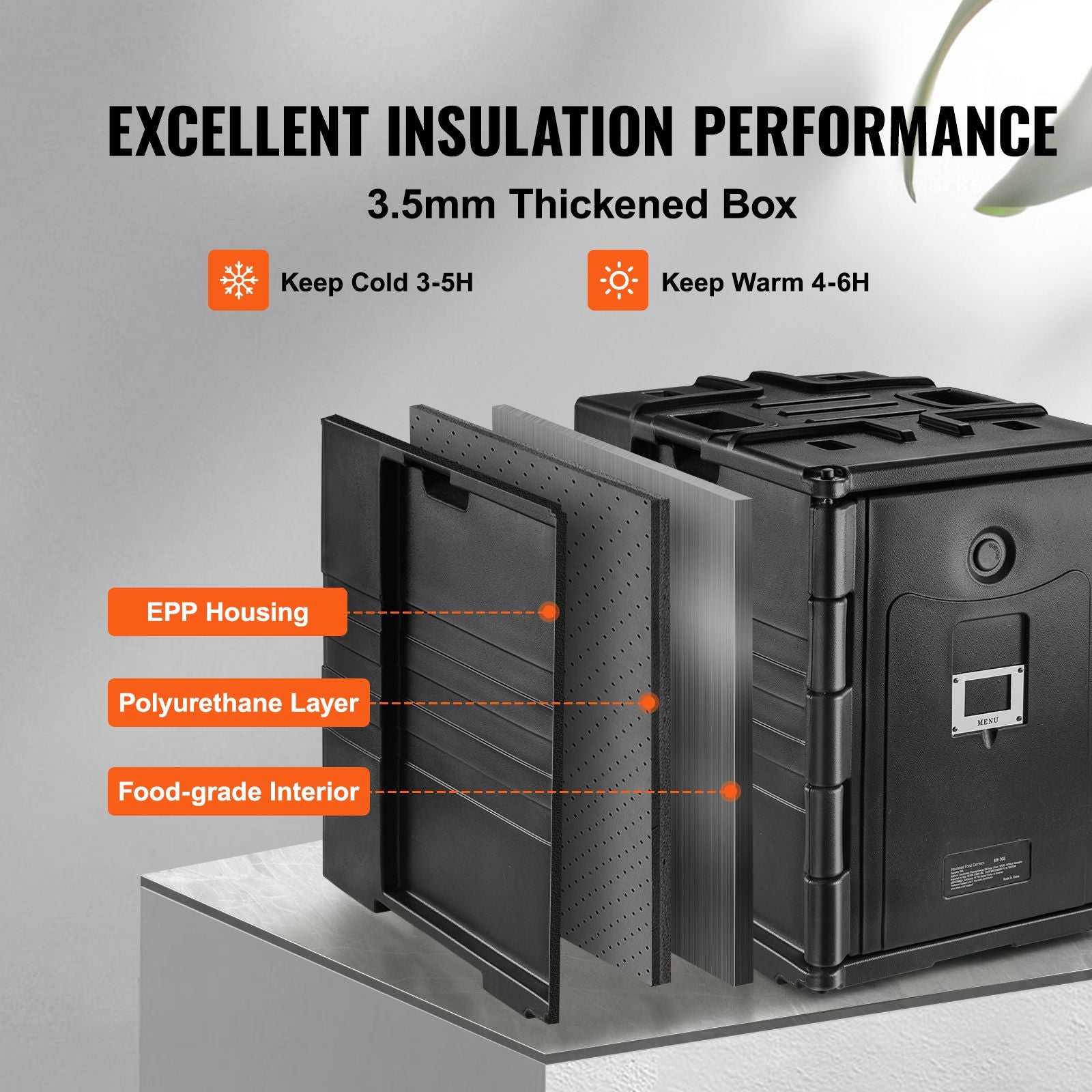 Insulated Food Pan Carrier, 82 Qt Hot Box for Catering, LLDPE Food Box Carrier w/ Double Buckles, Front Loading Food Warmer w/ Handles, Stackable End Loader for Restaurant, Canteen, etc. Black