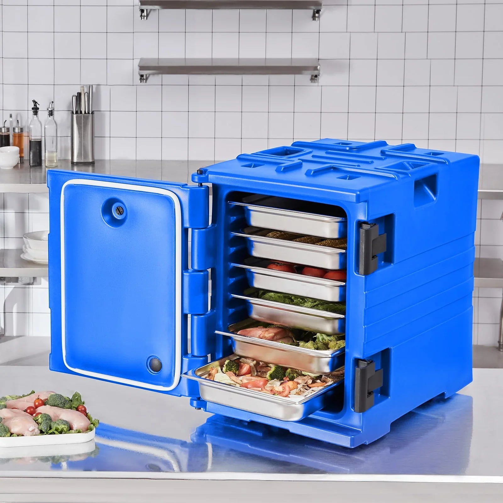 Insulated Food Pan Carrier, 90L Hot Box for Catering, Food Box Carrier with Double Buckles, Front Loading Food Warmer with Handles, Stackable End Loader for Restaurant, Canteen
