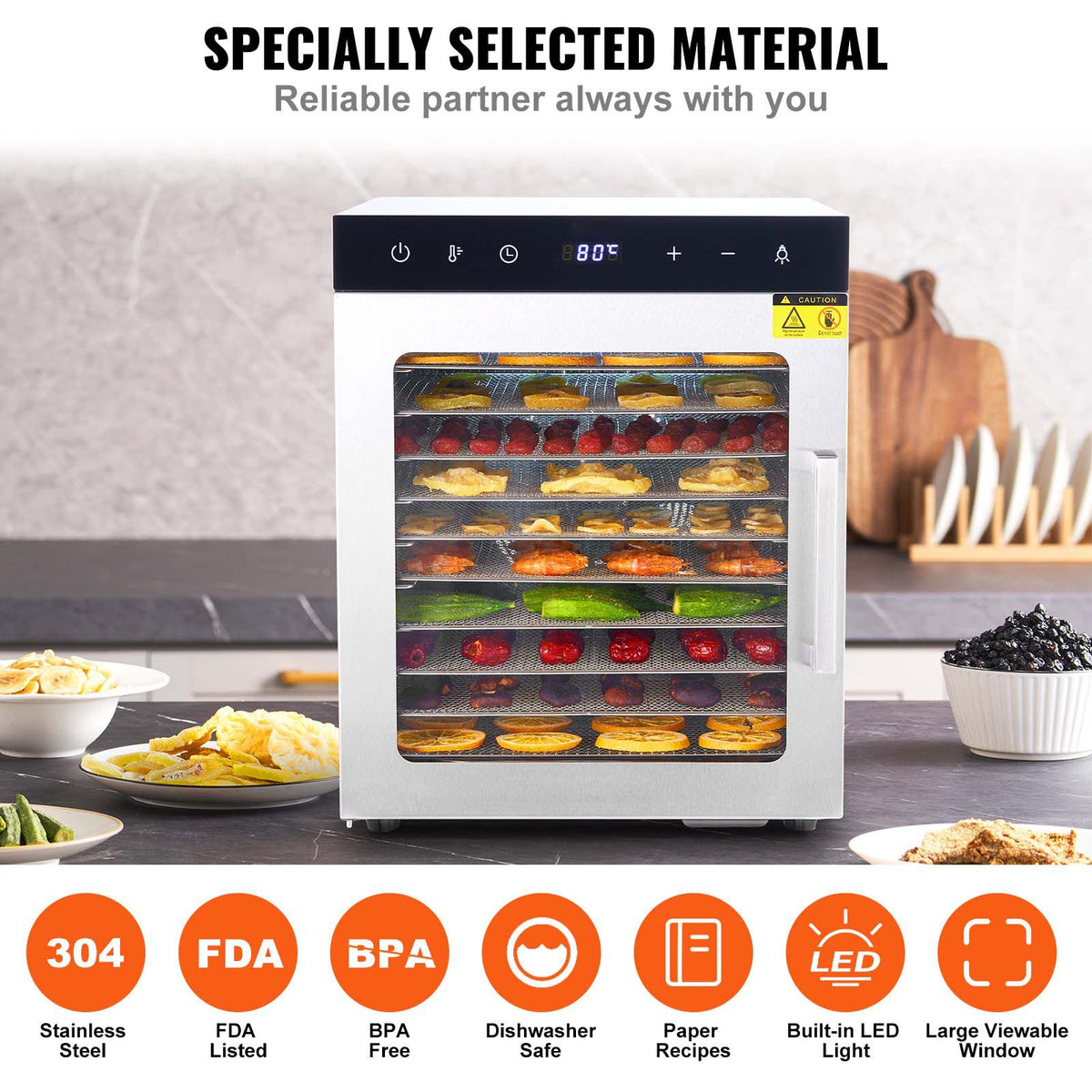 10 Trays Food Dehydrator Machine Stainless Steel 800W Jerky Fruit Drying