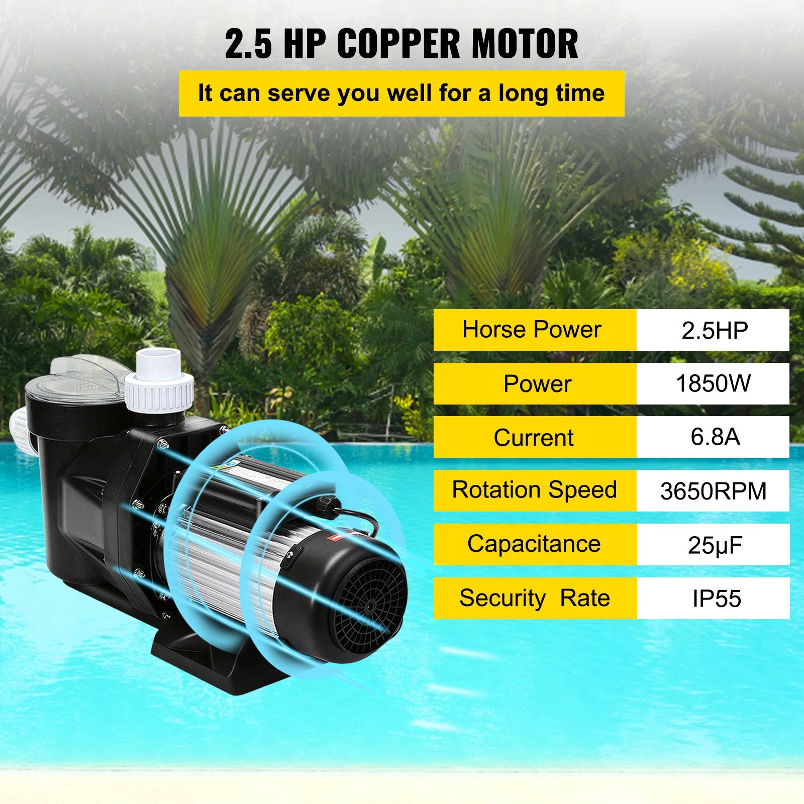 Swimming Pool Filter Pump 2.5HP, 1850W Swimming Pool Pump 148GPM, Single Speed Filter for Spa Water Circulation Above Ground Apply Swimming Pool, Bathtub