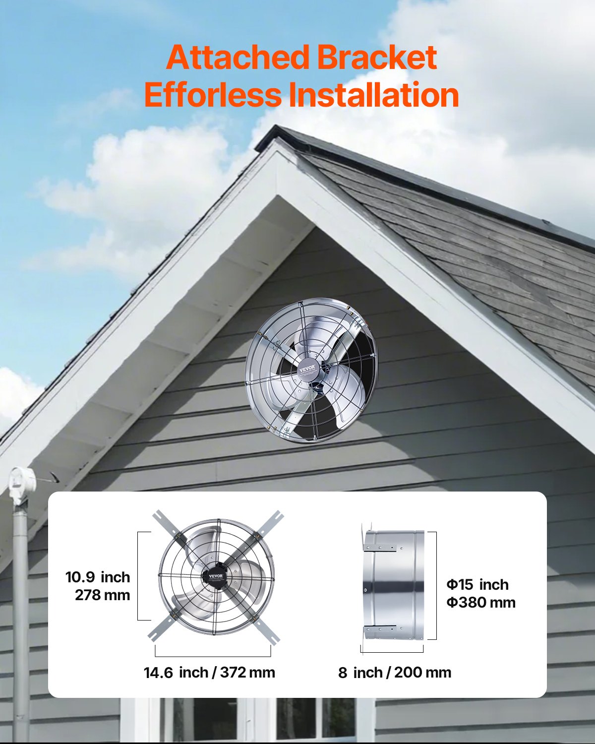 VEVOR 380 mm Gable Mount Fan 1300 CFM Attic Vent Fan with Adjustable Thermostat