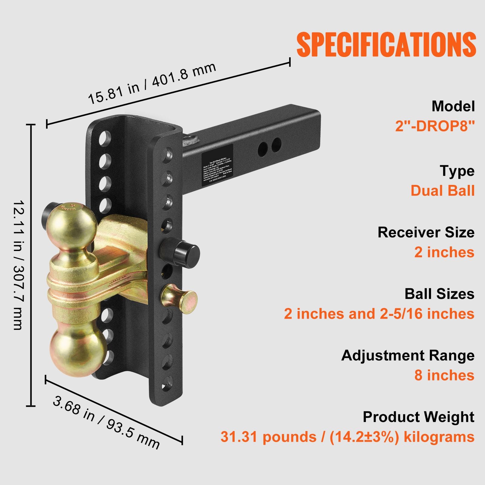 Adjustable Trailer Hitch 2in Receiver Drop Ball Mount 6350kg Tow Capacity