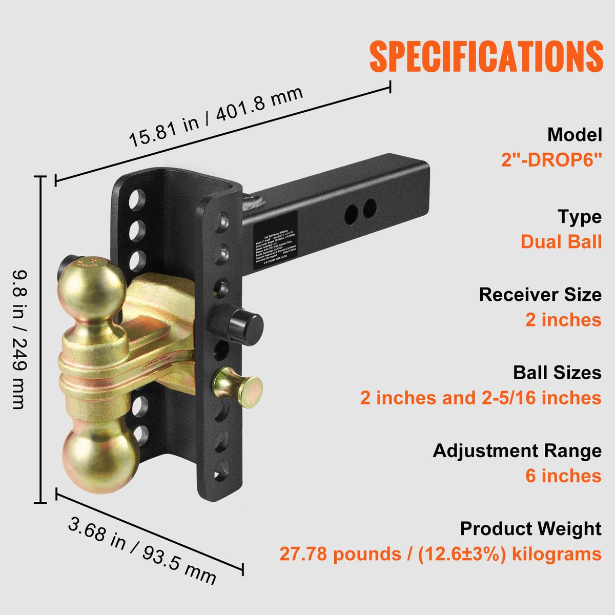 Adjustable Trailer Hitch Ball Mount 2 Inch Receiver 14000 lb Tow Capacity