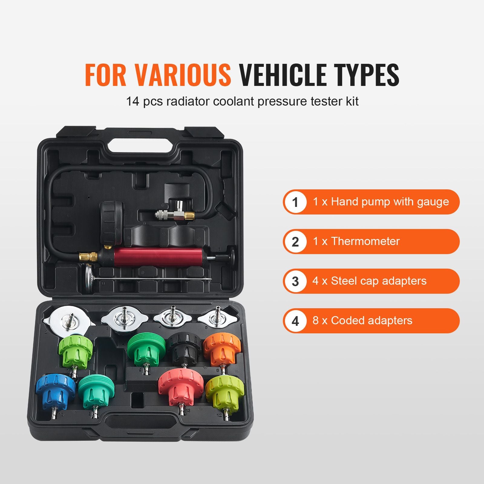 14PCS Radiator Pressure Tester Kit Coolant Leak Tester with Pump & Case