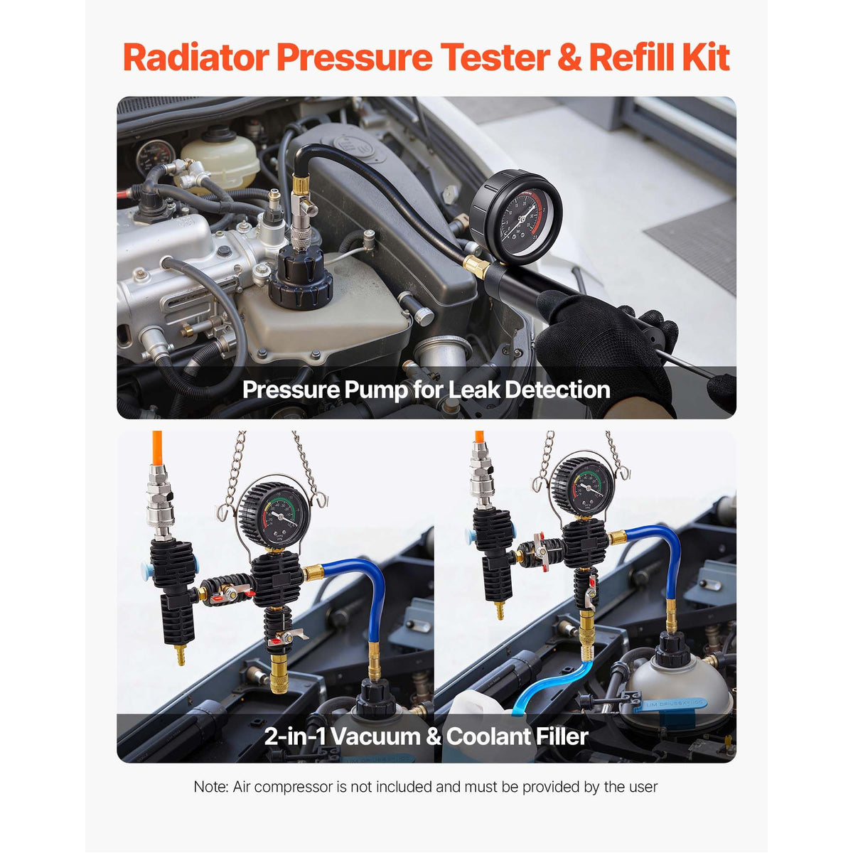 Coolant Pressure Tester Kit, 47Pcs Radiator Vacuum Refill Kit with 3 Metal Adapters, Universal Fit, Automotive Cooling System Pressure Tester Tool, with Pressures Pump & Plastic Filler