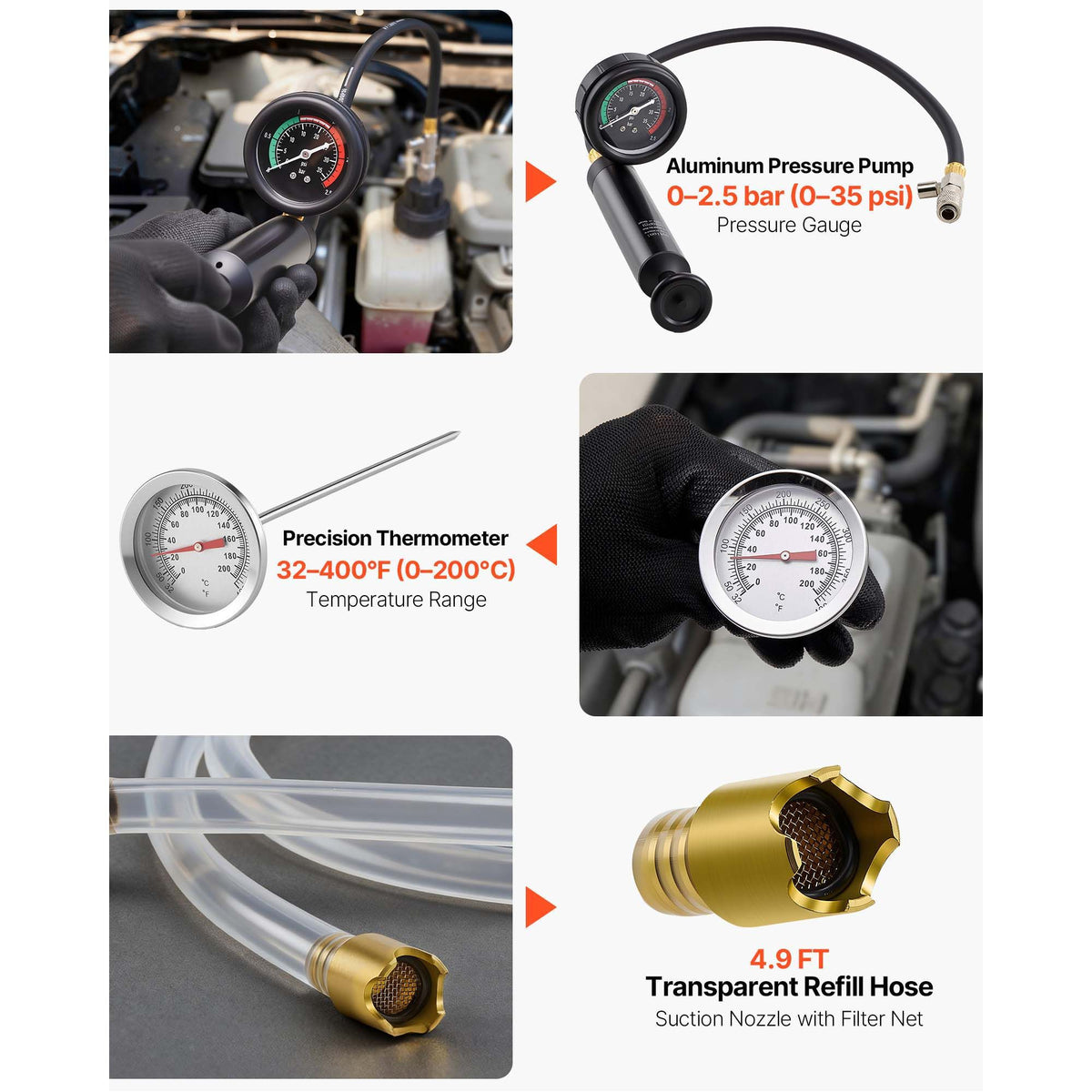 Coolant Pressure Tester Kit, 47Pcs Radiator Vacuum Refill Kit with 3 Metal Adapters, Universal Fit, Automotive Cooling System Pressure Tester Tool, with Pressures Pump & Plastic Filler