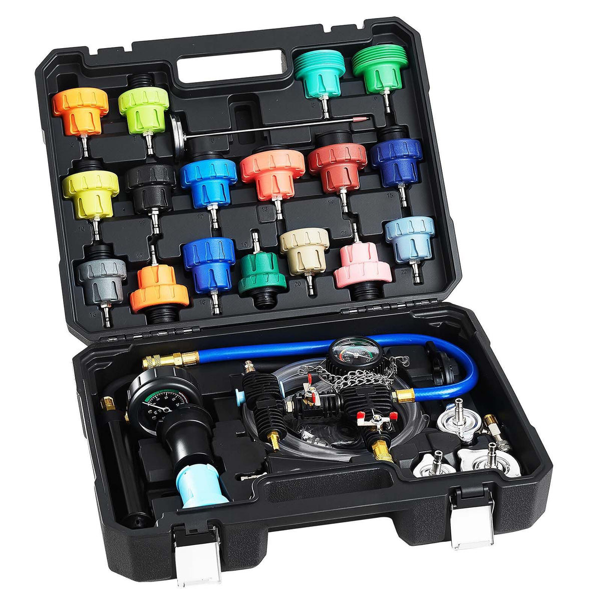 Coolant Pressure Tester Kit, 47Pcs Radiator Vacuum Refill Kit with 3 Metal Adapters, Universal Fit, Automotive Cooling System Pressure Tester Tool, with Pressures Pump & Plastic Filler