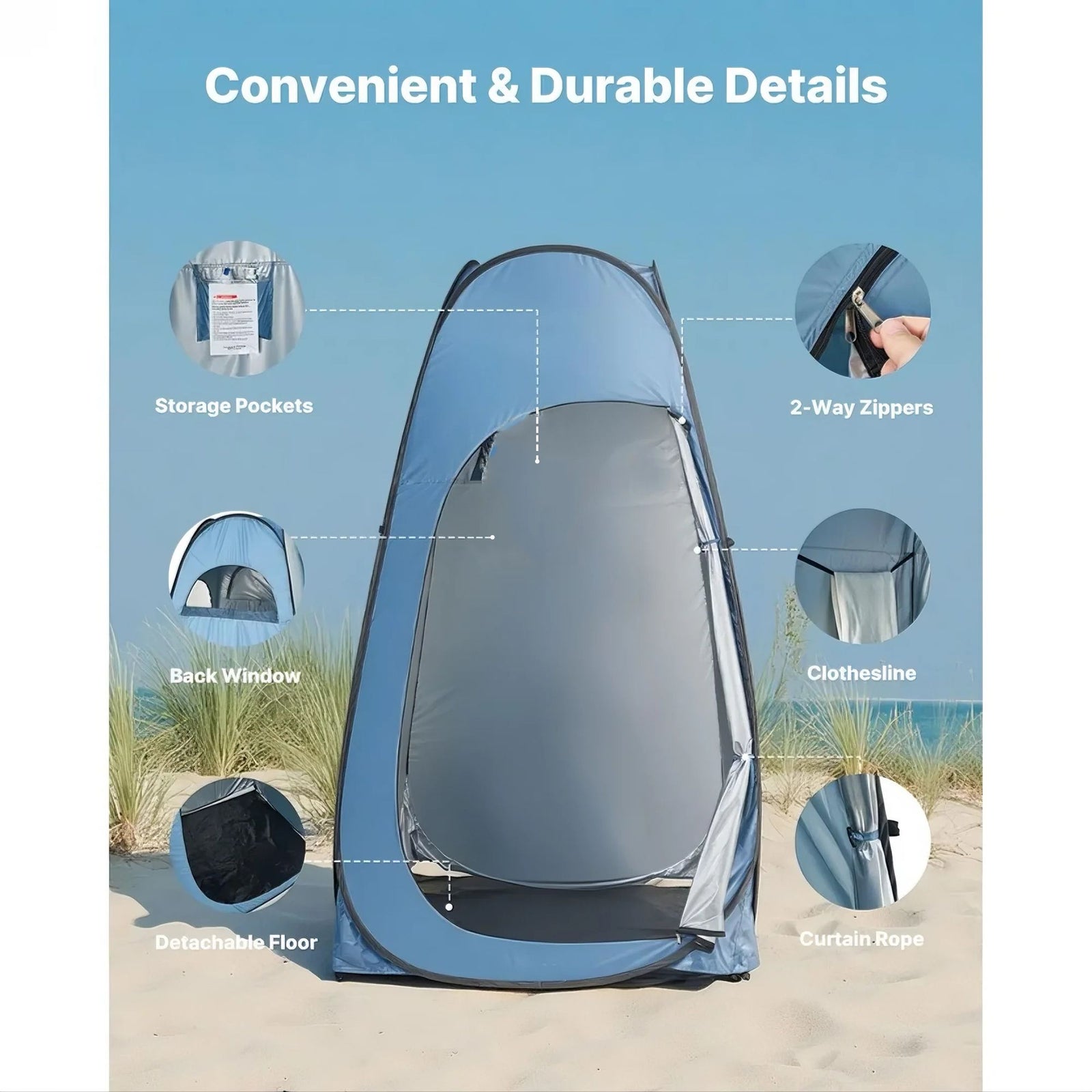 Pop up Shower Tent, Instant Portable Privacy Tent Changing Room with Hanging Bag, Ground Stakes, Ropes, Carry Bag, 190T Polyester with Silver Coating, Quick Setup, for Camping, Beach, Fishing