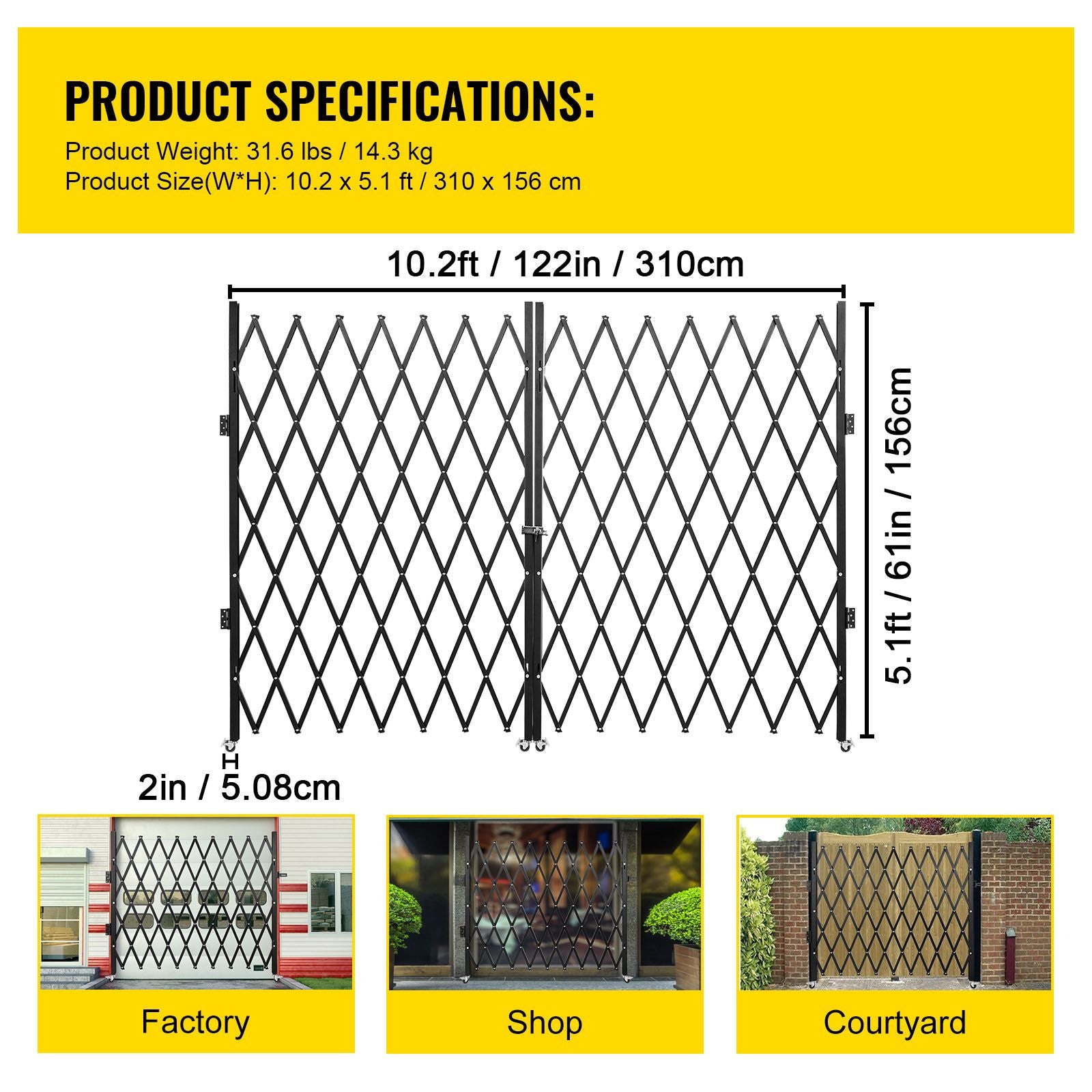 Double Folding Security Gate Folding Door Gate 5.1' H x 10.2' W Scissor Gate