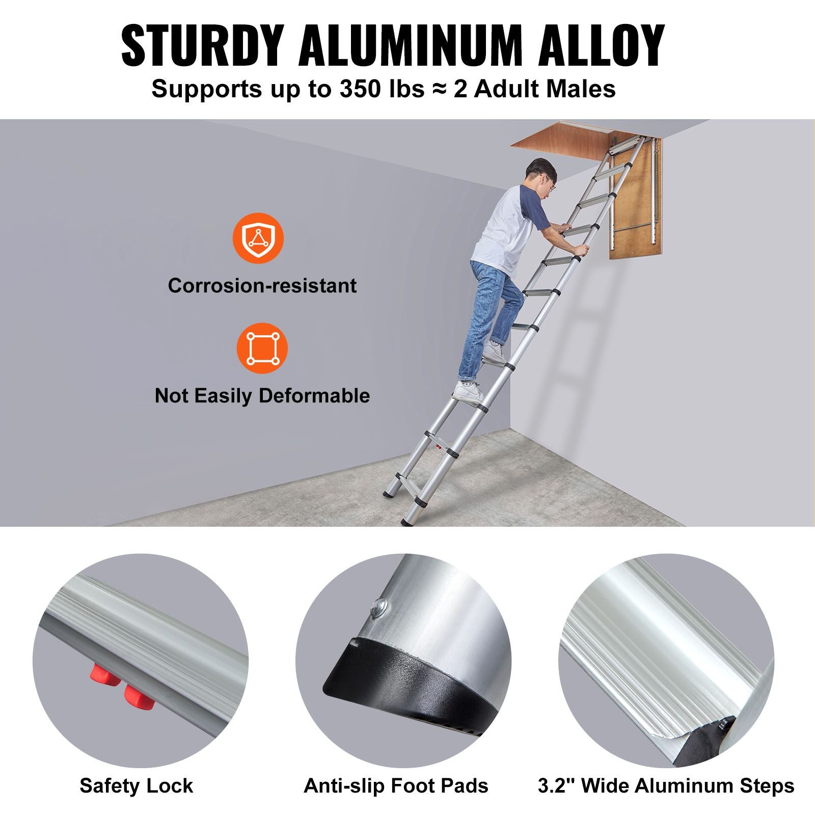 Attic Ladder Telescoping, 158.76kg Capacity, 100cm x 59.94cm,Multi-Purpose Aluminium Extension, Lightweight and Portable,Fits298.7cm-320.04cmCeilingHeights,Convenient Access to Your Attic Standa
