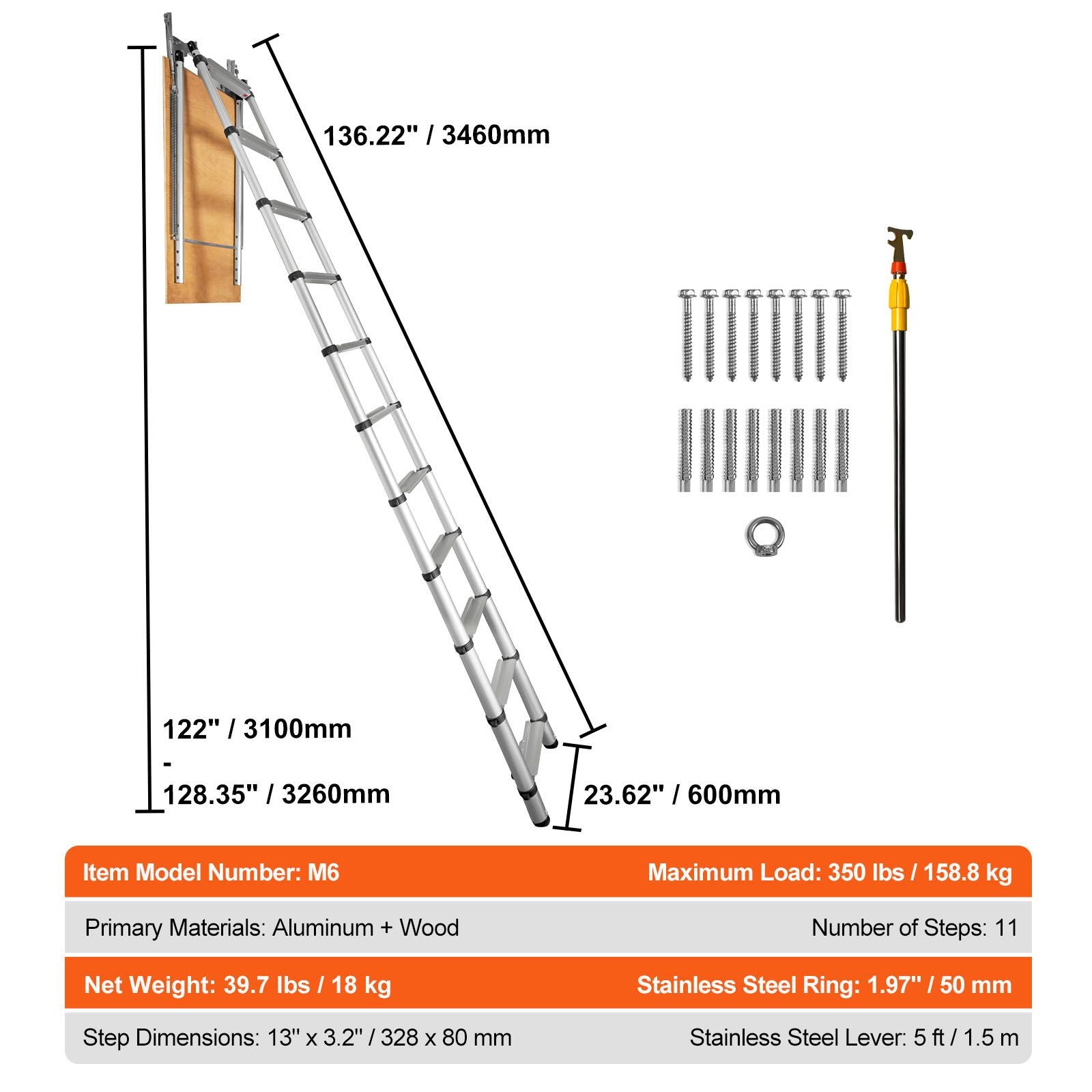 Attic Ladder Telescoping, 158.76kg Capacity, 100cm x 59.94cm,Multi-Purpose Aluminium Extension, Lightweight and Portable,Fits298.7cm-320.04cmCeilingHeights,Convenient Access to Your Attic Standa