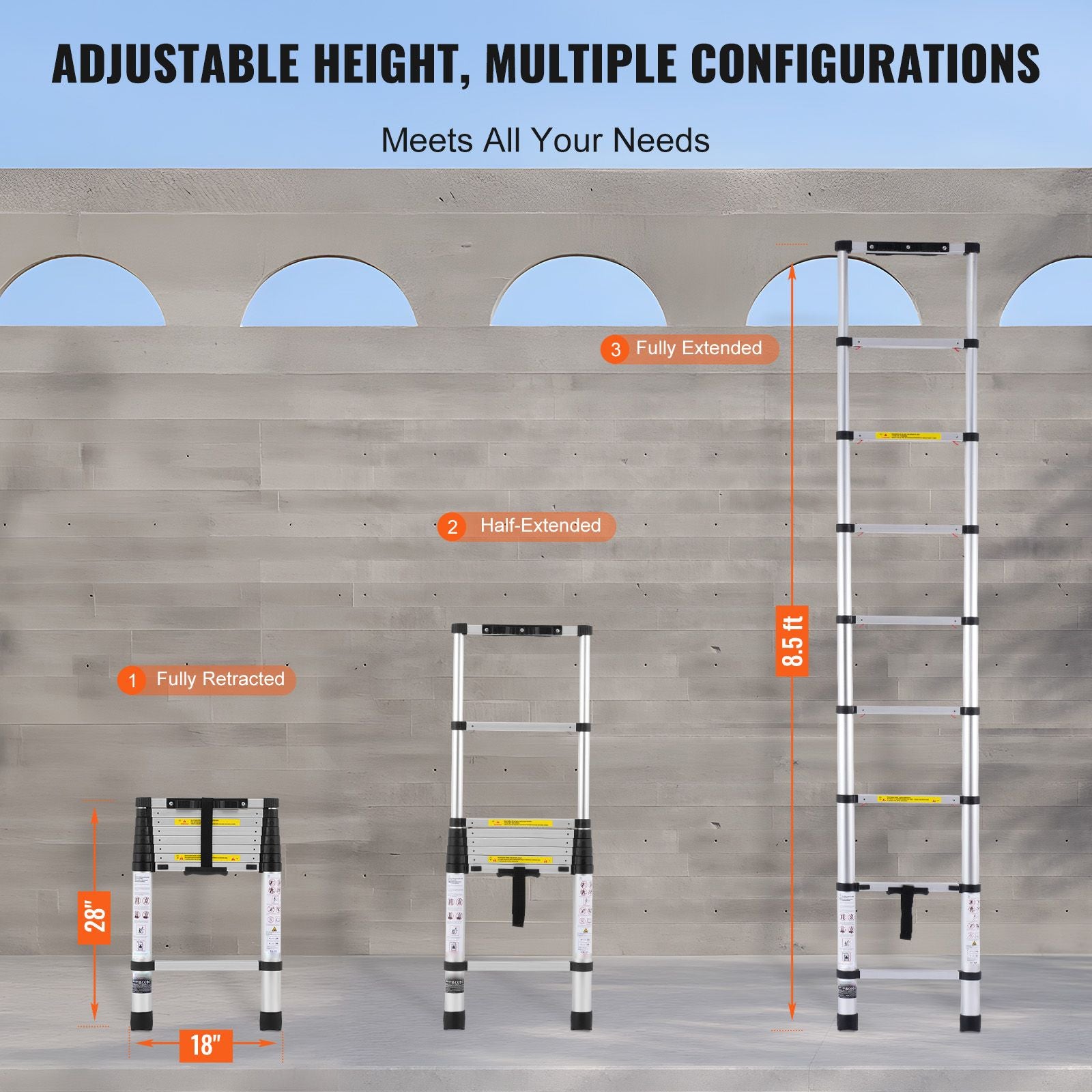 Telescoping Extension Ladder 8.5FT One-button Retraction 375 LBS Capacity