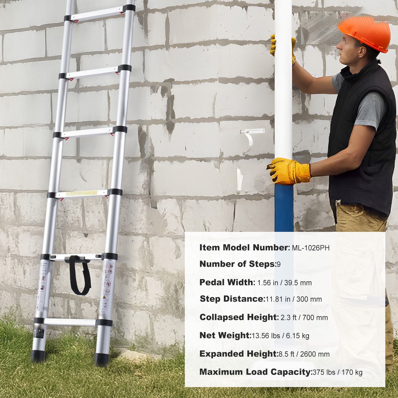 Telescoping Extension Ladder 8.5FT One-button Retraction 375 LBS Capacity