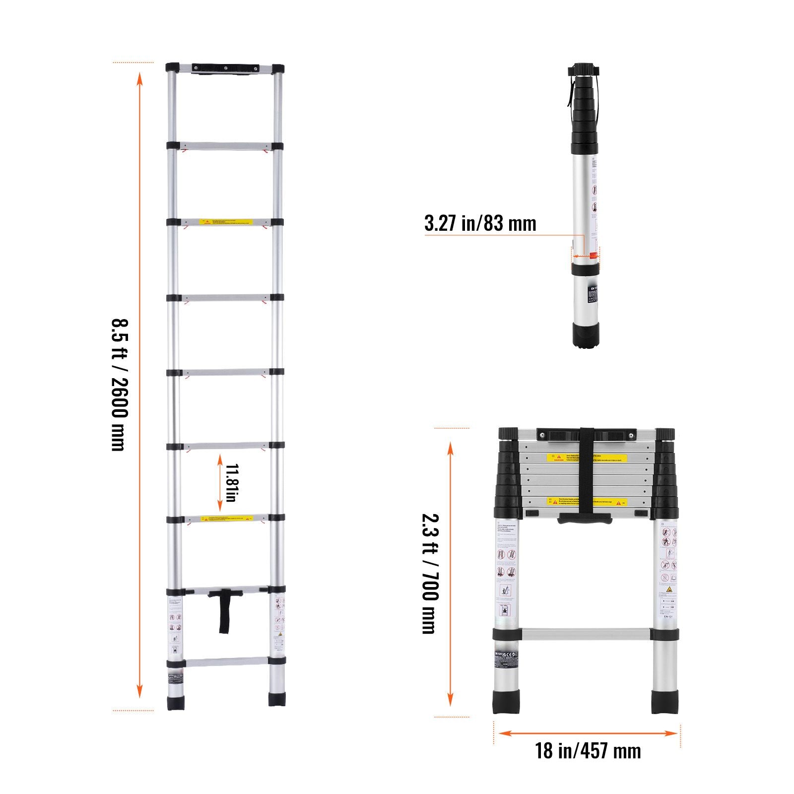 Telescoping Extension Ladder 8.5FT One-button Retraction 375 LBS Capacity