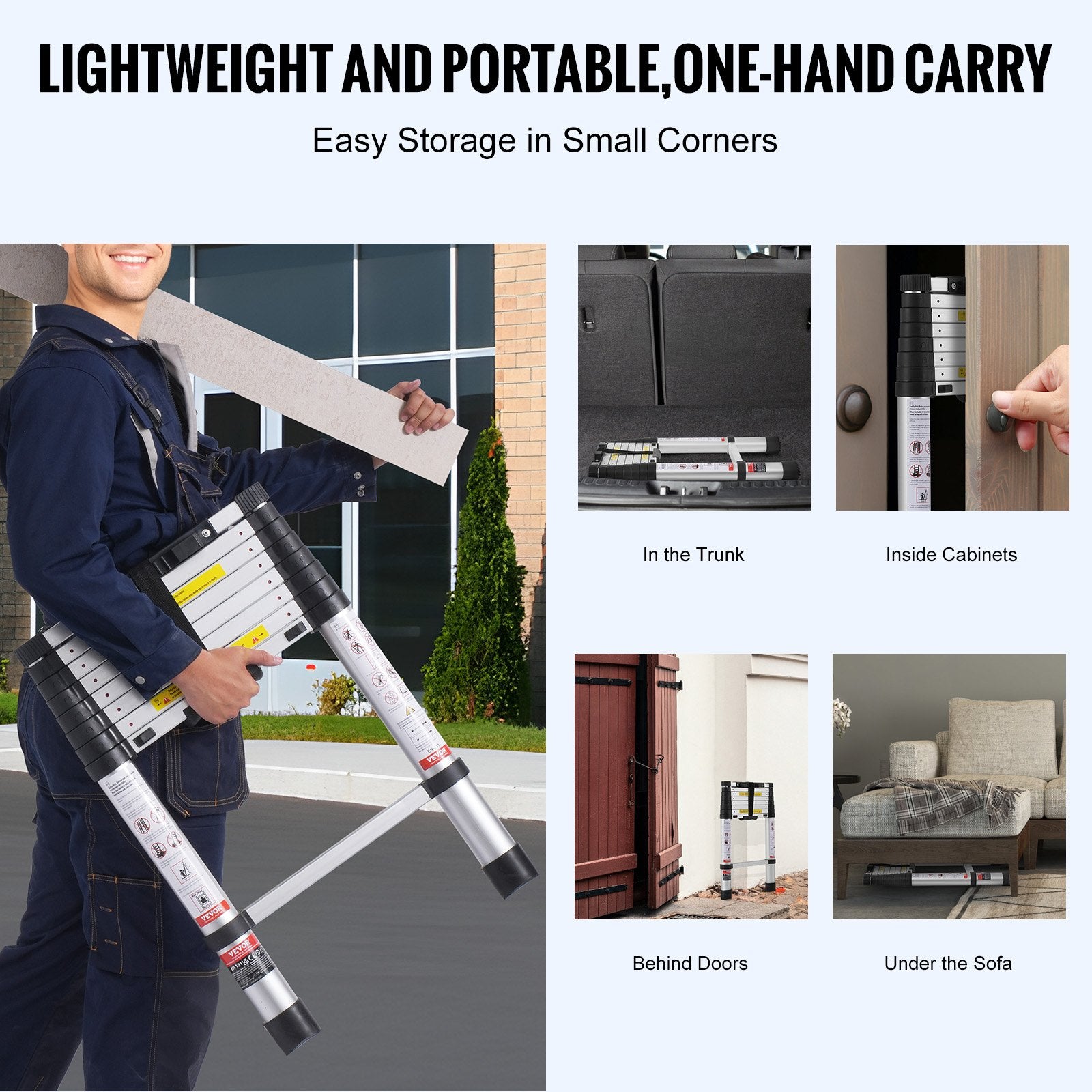 Telescoping Extension Ladder 8.5FT One-button Retraction 375 LBS Capacity