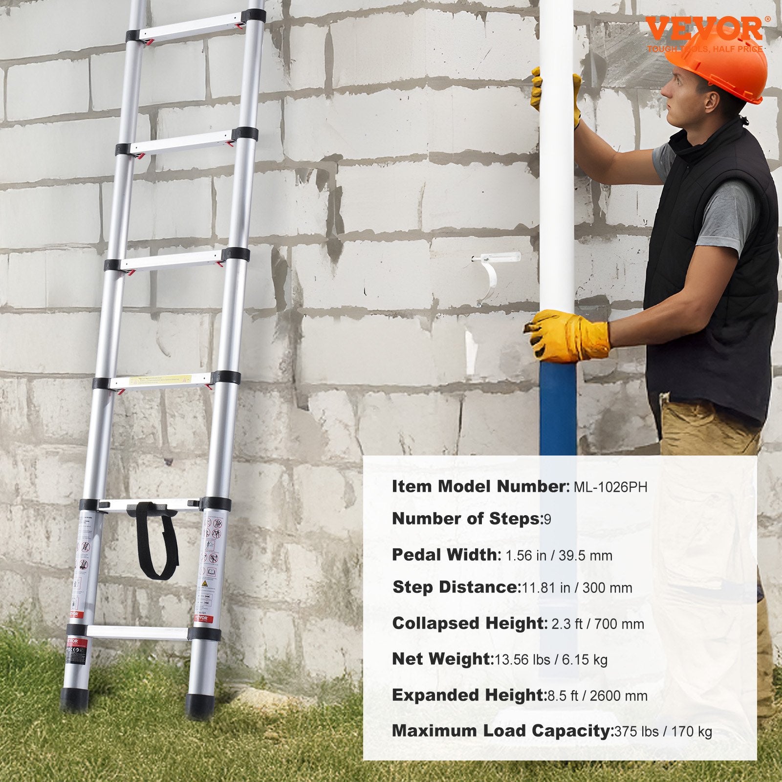 Telescoping Extension Ladder 8.5FT One-button Retraction 375 LBS Capacity