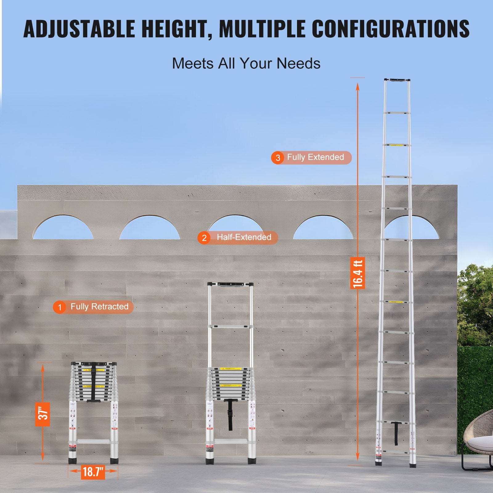 Telescoping Extension Ladder 16.5FT Multi-button Retraction 419 LBS