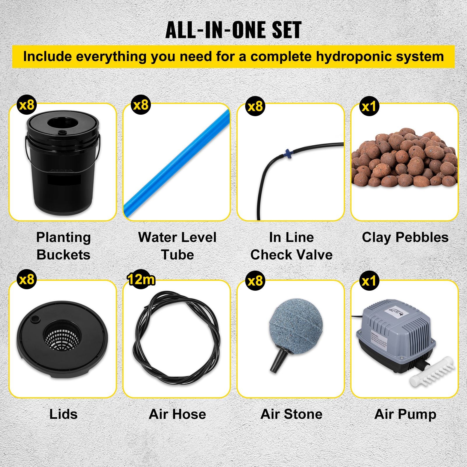 DWC Hydroponics Grow System Deep Water Culture 8 Buckets with Air Pump
