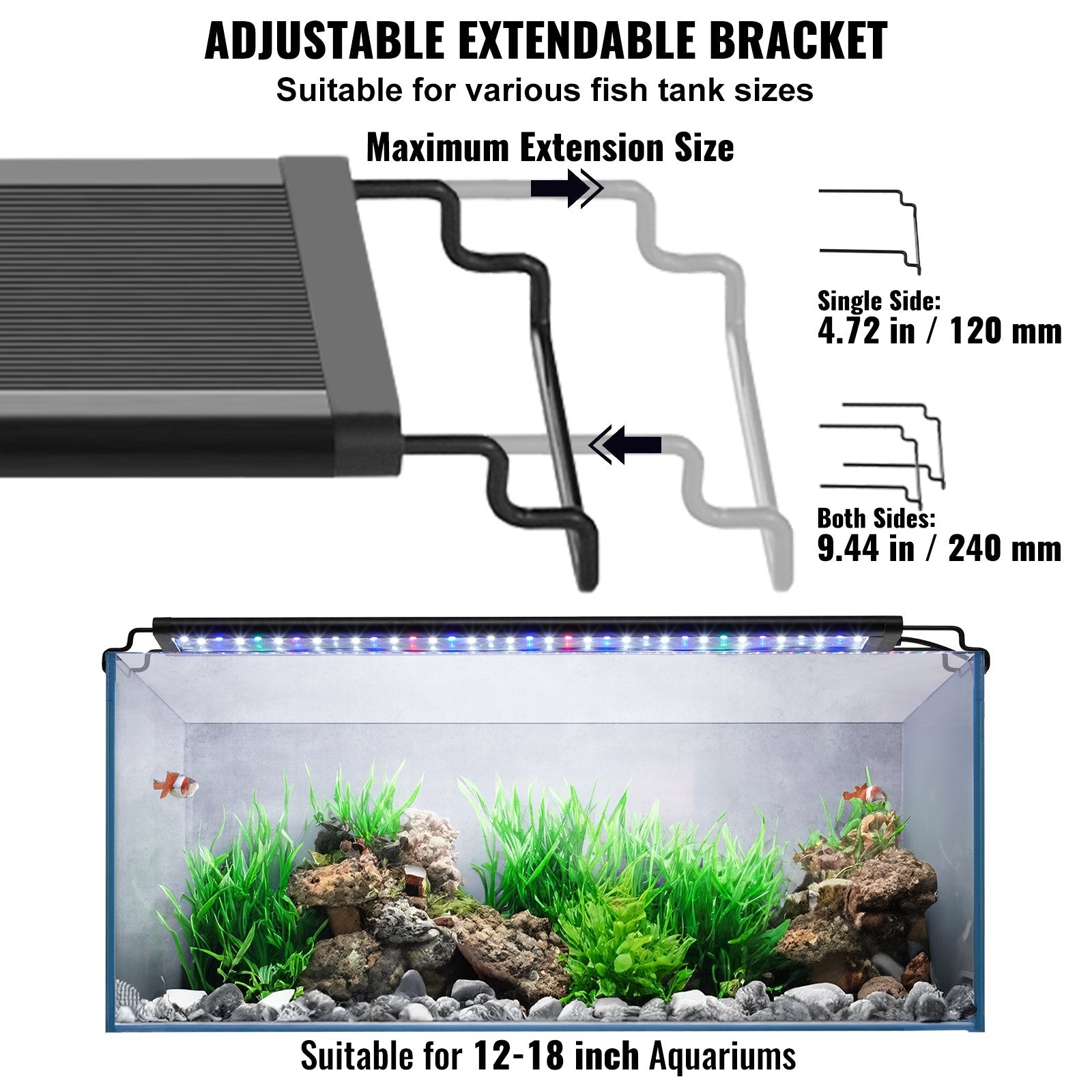 VEVOR Aquarium Light, 14W Full Spectrum Fish Tank Light with 24/7 Natural Mode, Adjustable Timer & 5-Level Brightness, with Aluminum Alloy Shell Extendable Brackets for 12