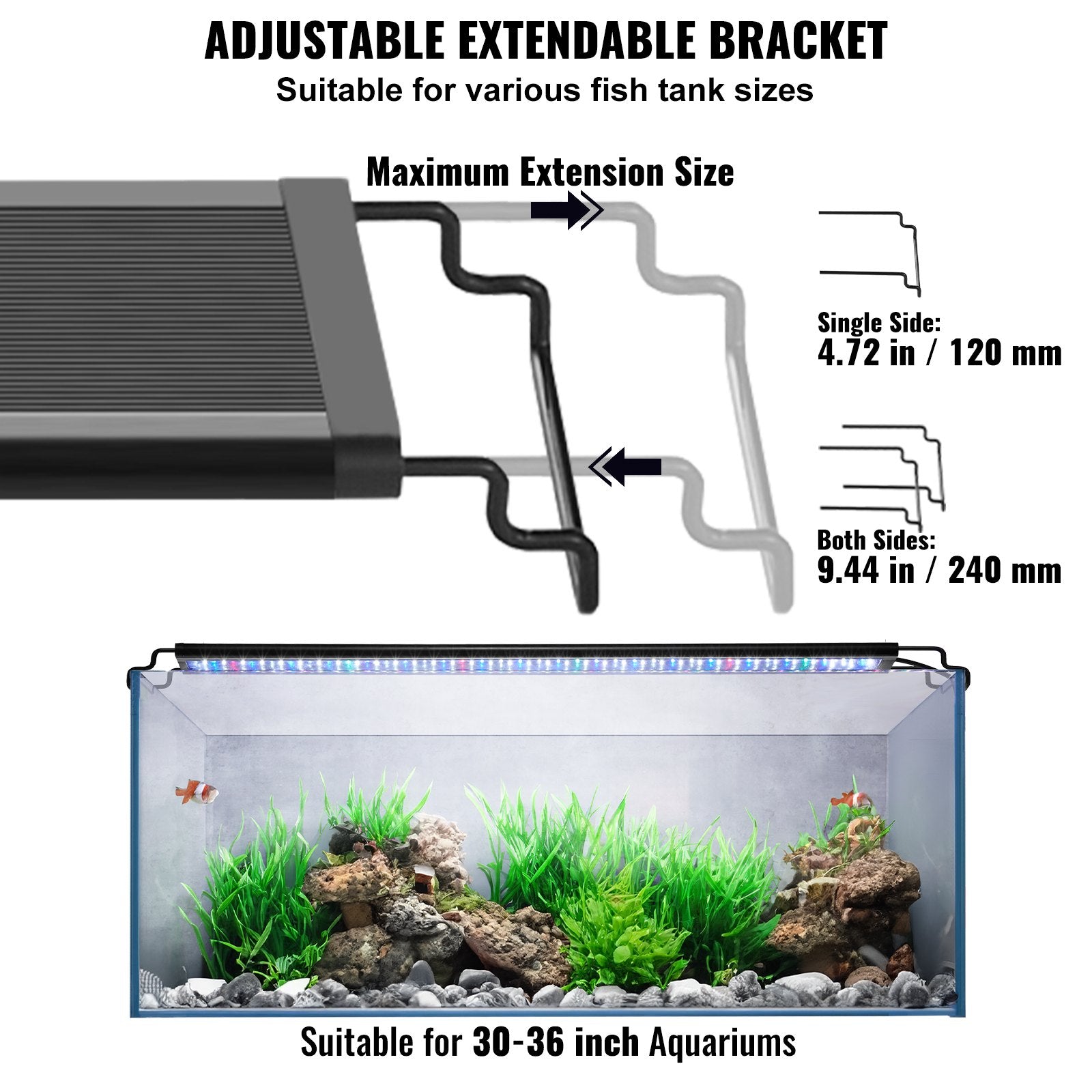VEVOR Aquarium Light, 26W Full Spectrum Fish Tank Light with 24/7 Natural Mode, Adjustable Timer & 5-Level Brightness, with Aluminum Alloy Shell Extendable Brackets for 30