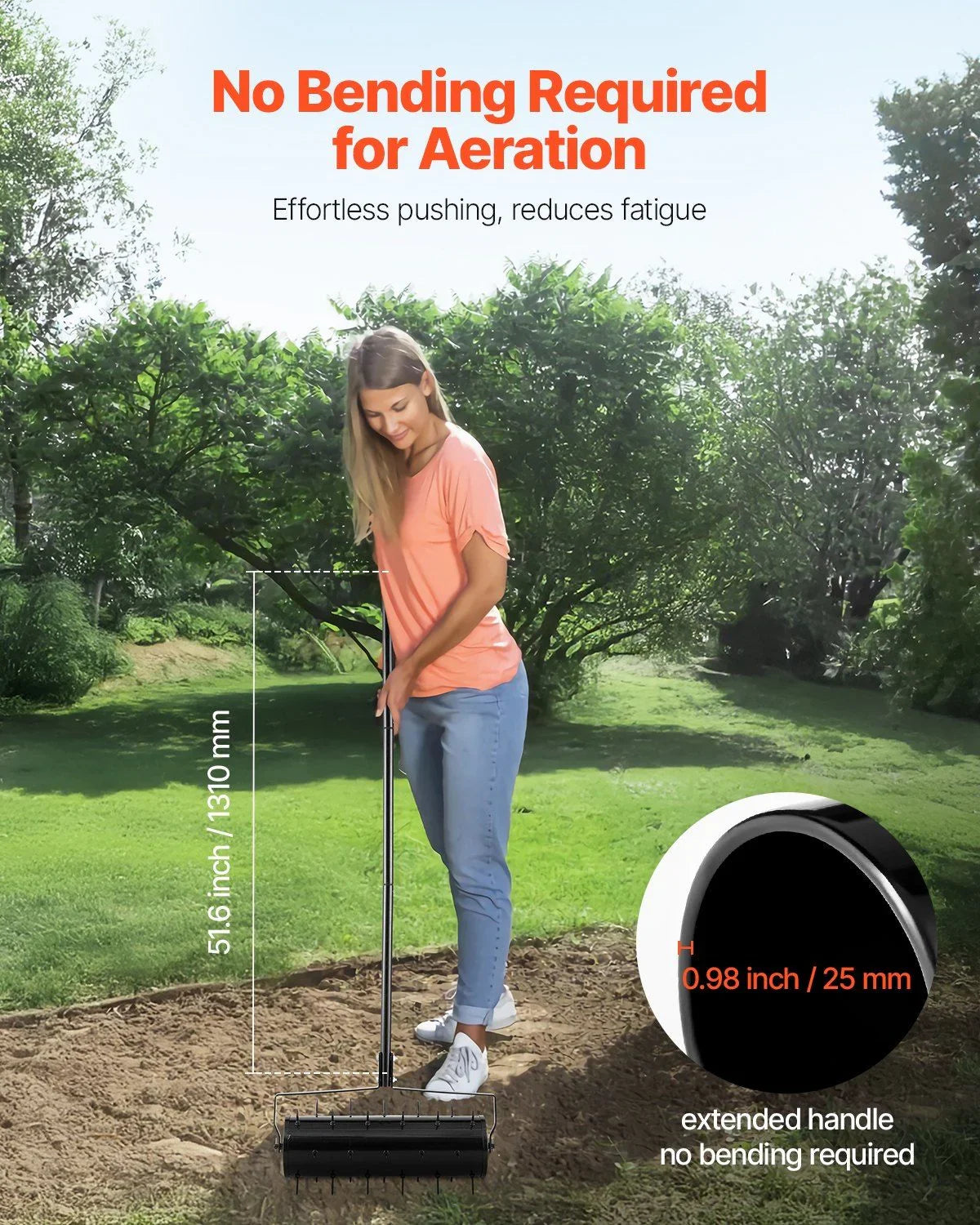 Rolling Lawn Aerator, 525mm Heavy-Duty Manual Rolling Aerator Lawn with Detachable Handle and 33 Iron Spikes, Rolling Lawn Aeration Tool for Garden Patio Yard Compacted Soils and Lawns, Black
