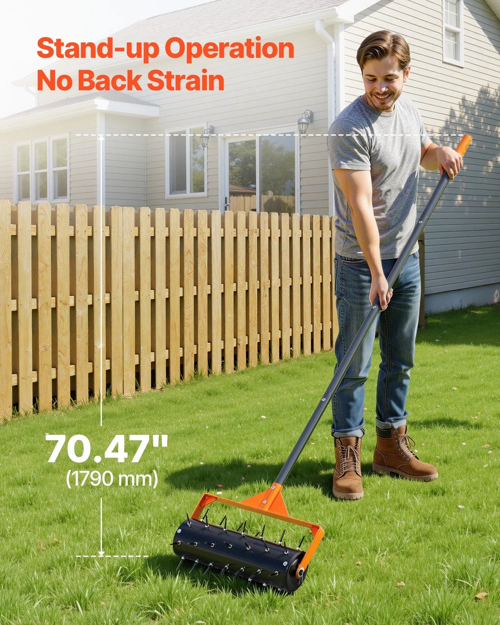 Rolling Lawn Aerator, 410mm Manual Push Aerator Roller with 42 Spikes & 60 in Long Handle, Fillable Drum for Added Weight, Heavy-Duty Lawn Soil Penetrator for Garden Yard Compacted Soils