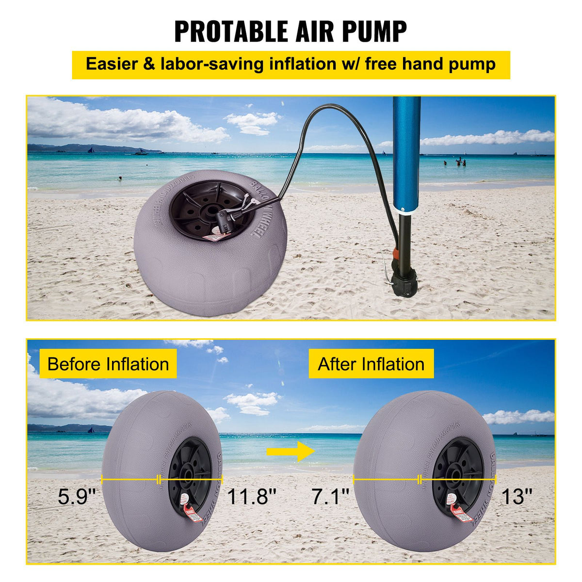 13-Inch Beach Balloon Wheels Replacement Tyres TPU 121lbs, Set of 2 Wheels