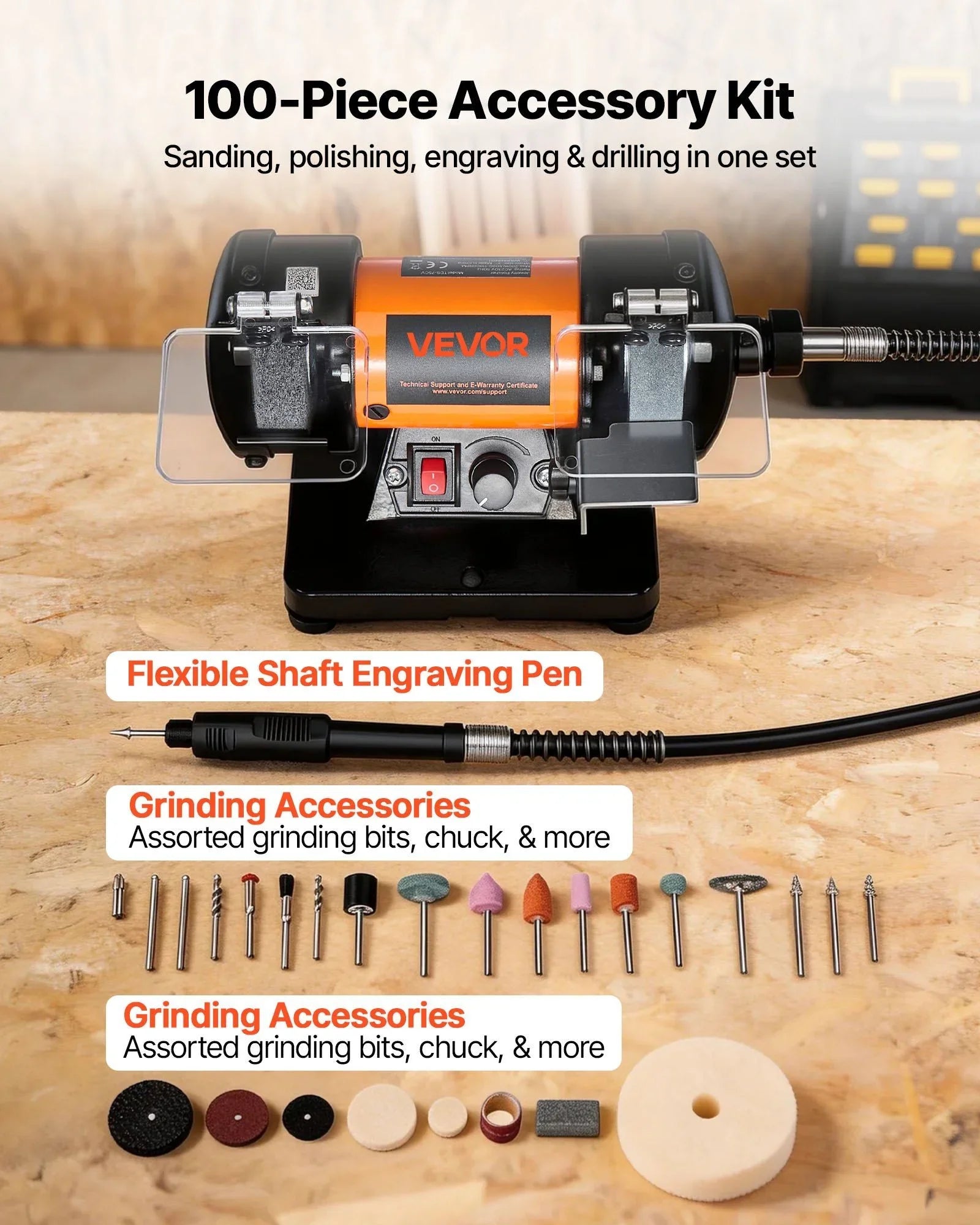 Bench Buffer Polisher, 8300-10600 RPM Adjustable Speed, Polishing & Buffing Machine with Grinding, Fiber, and Wool Wheels, 100-Piece Accessory Kit, for Jewelry, Wood, Metal, Raw Stone, Jade DIY