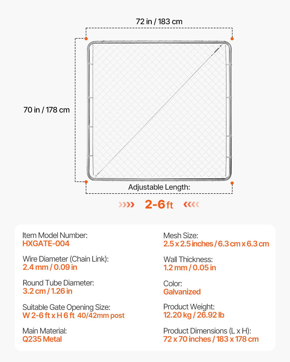 Chain Link Fence Gate, 70 x 72 in, Adjustable Chain Link Fence Panel, Fit 3 ft (W) x 4 ft (H) Garden Fence Gate Opening, Rust-Resistant Galvanized Fencing Gate for Farm Posts Not Included