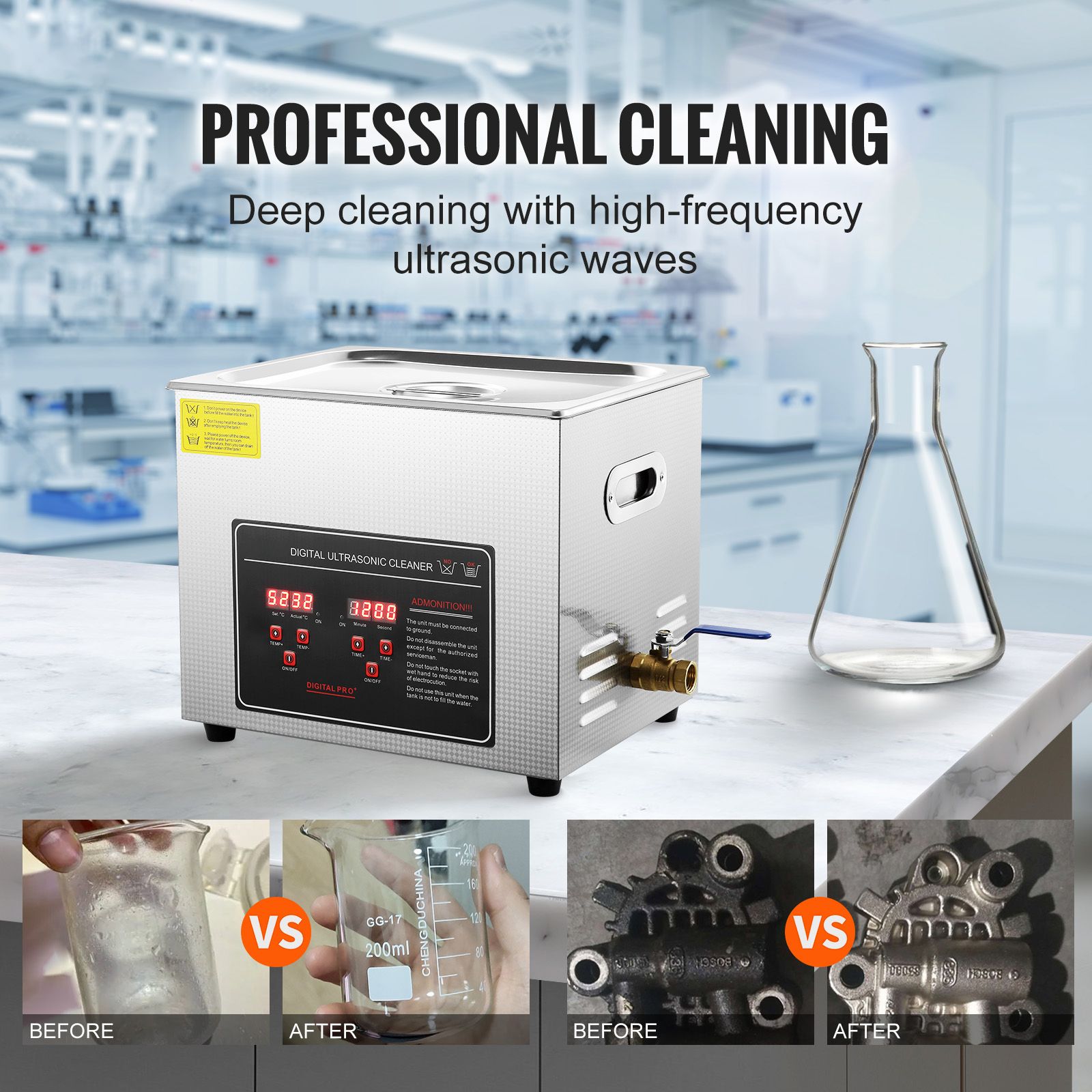Ultrasonic Cleaner with Digital Timer & Heater, Professional Ultra Sonic Jewelry Cleaner, Stainless Steel Heated Cleaning Machine for Glasses Watch Rings Small Parts Circuit Board (10L)