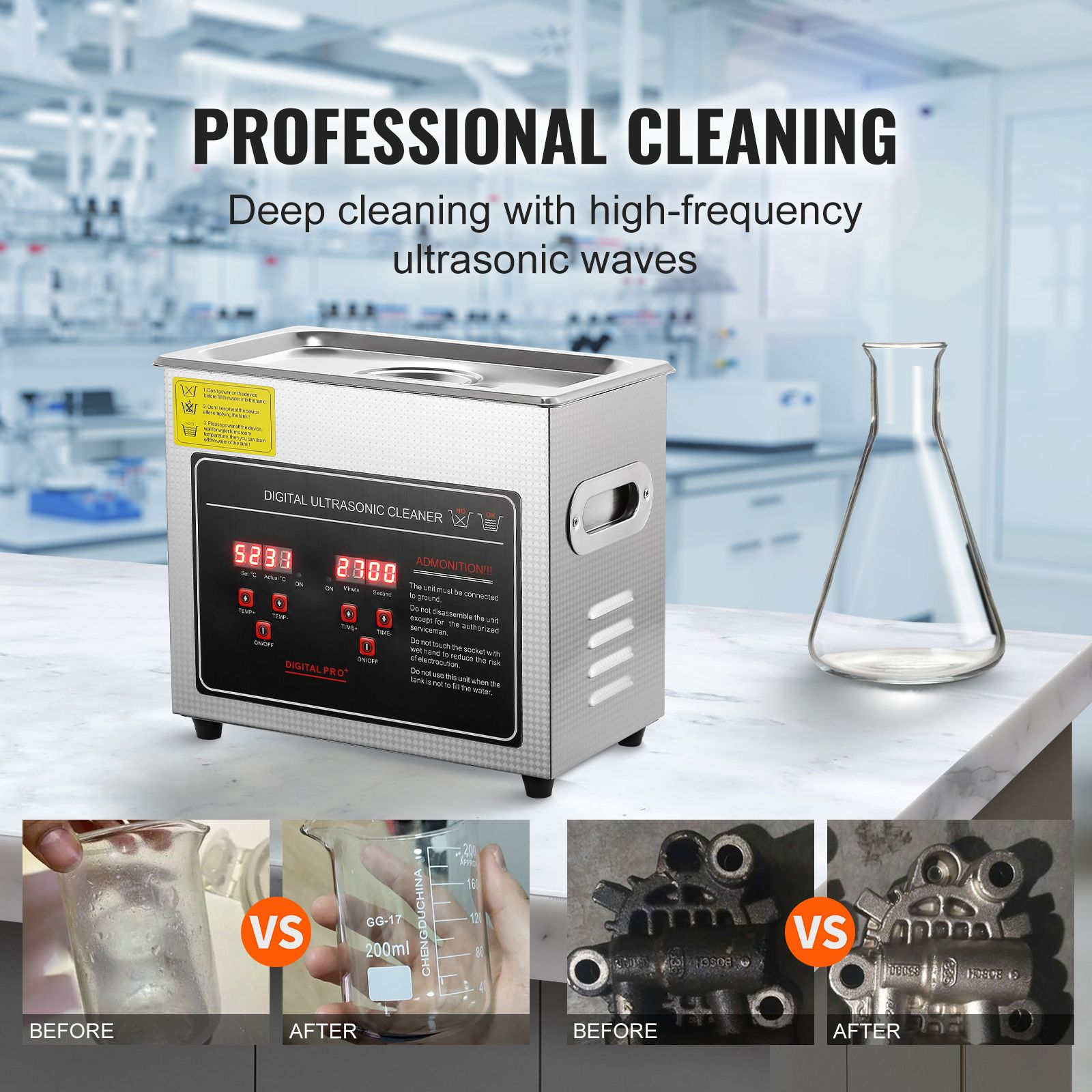 Ultrasonic Cleaner with Digital Timer & Heater, Professional Ultra Sonic Jewelry Cleaner, Stainless Steel Heated Cleaning Machine for Glasses Watch Rings Small Parts Circuit Board (3L)