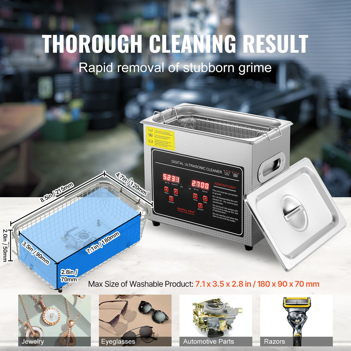 Ultrasonic Cleaner with Digital Timer & Heater, Professional Ultra Sonic Jewelry Cleaner, Stainless Steel Heated Cleaning Machine for Glasses Watch Rings Small Parts Circuit Board (3L)