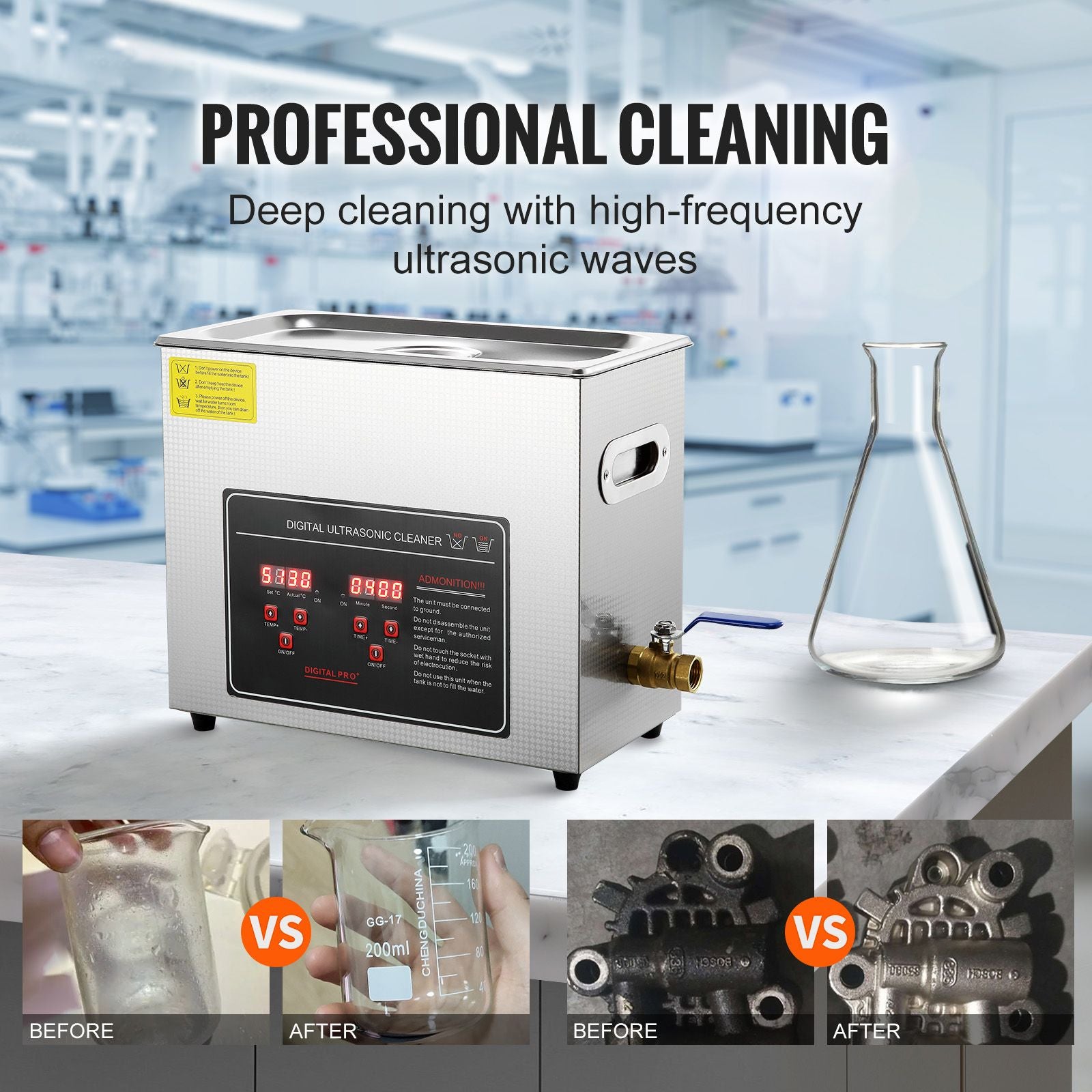 Ultrasonic Cleaner with Digital Timer & Heater, Professional Ultra Sonic Jewelry Cleaner, Stainless Steel Heated Cleaning Machine for Glasses Watch Rings Small Parts Circuit Board (6L)