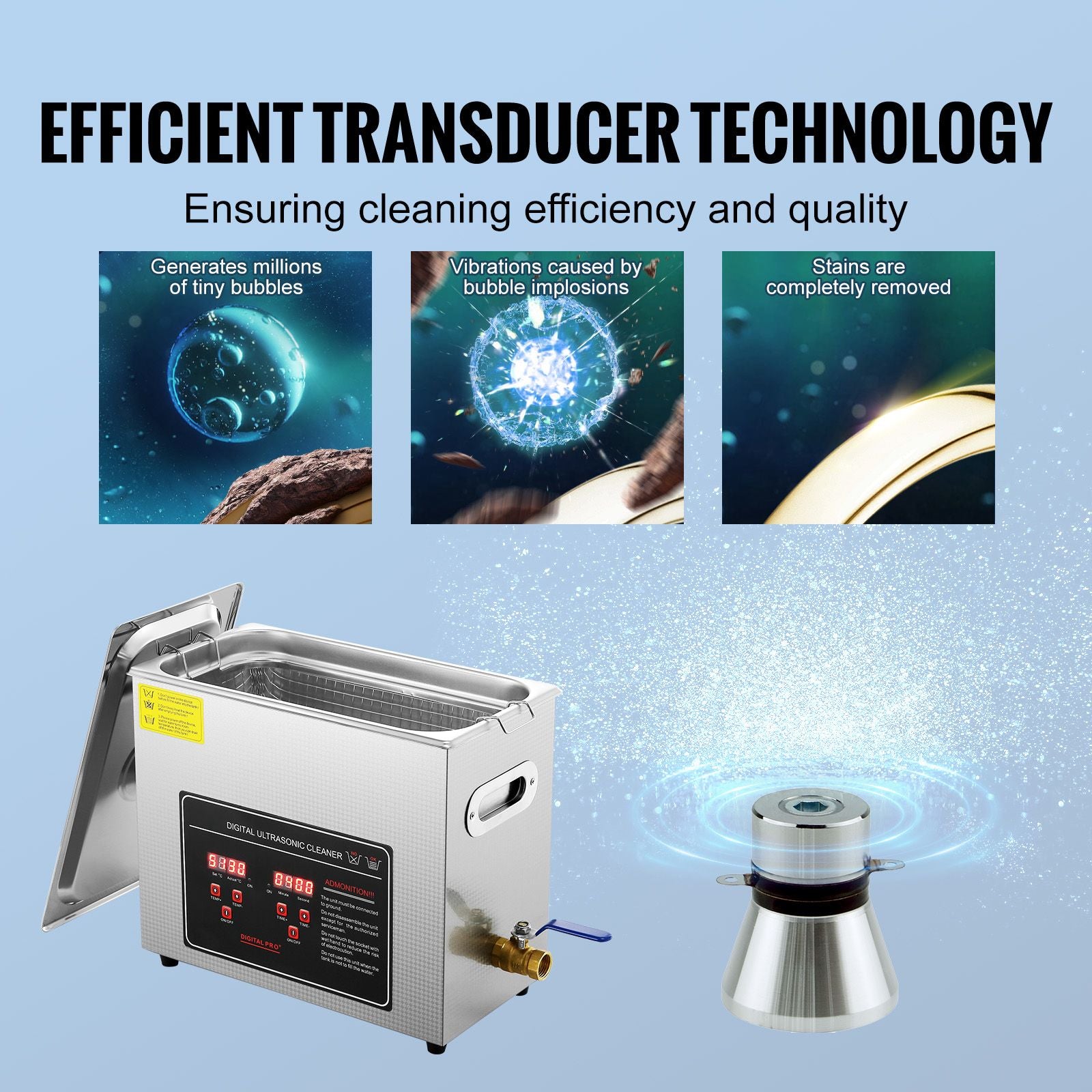 Ultrasonic Cleaner with Digital Timer & Heater, Professional Ultra Sonic Jewelry Cleaner, Stainless Steel Heated Cleaning Machine for Glasses Watch Rings Small Parts Circuit Board (6L)