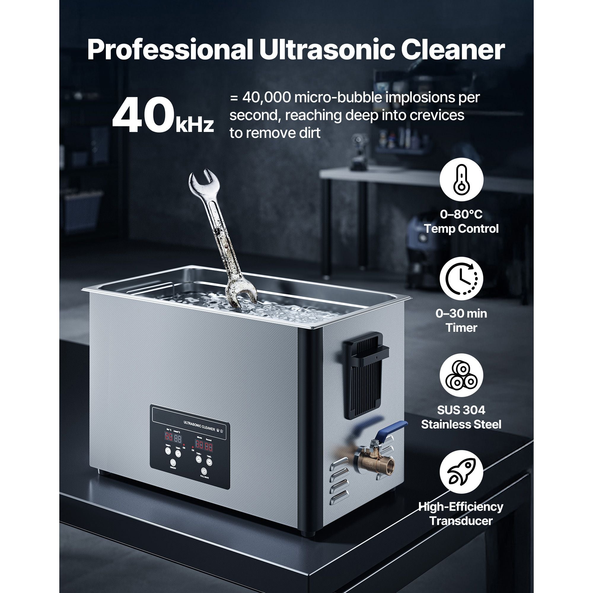 30L Ultrasonic Cleaner 480W 40kHz Stainless Steel Digital Cleaning Machine