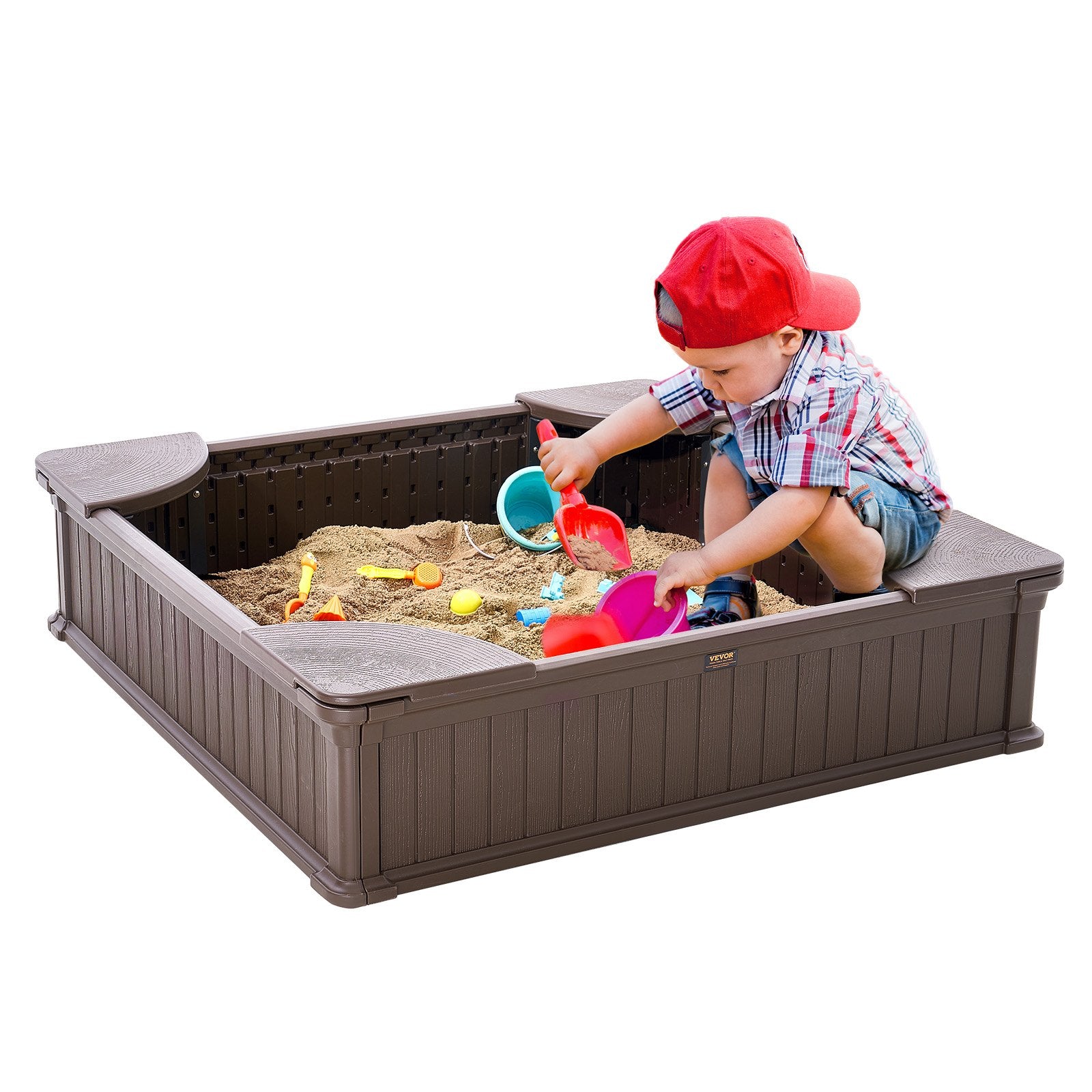 Sandbox with Cover, 48.6x48.6x12.4 in Square Sand Box, HDPE Sand Pit with 4 Corner Seating and Bottom Liner, Kids Sandbox for Outdoor Backyard, Beach, Park, Gift for Boys Girls Ages 3-12, Brown