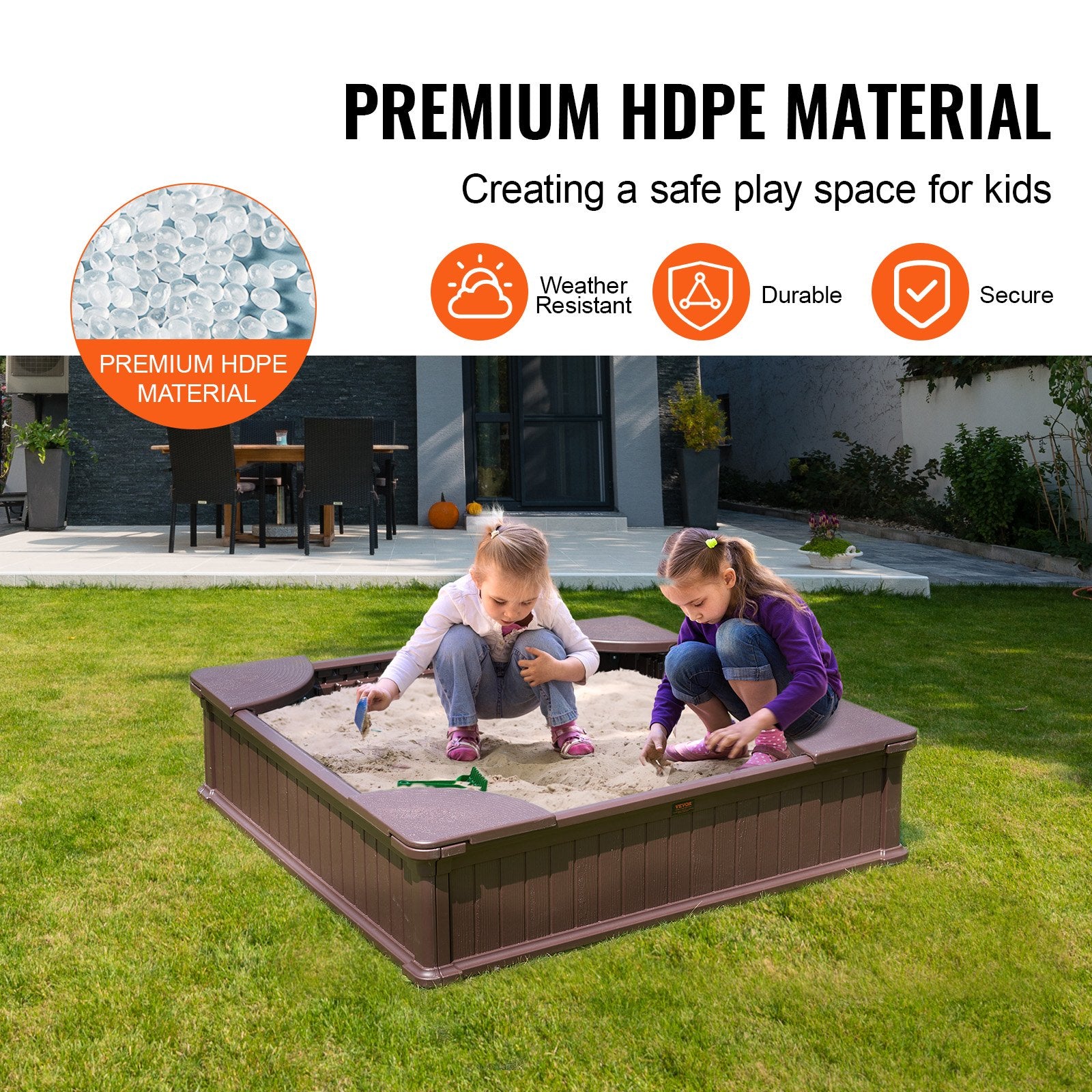 Sandbox with Cover, 48.6x48.6x12.4 in Square Sand Box, HDPE Sand Pit with 4 Corner Seating and Bottom Liner, Kids Sandbox for Outdoor Backyard, Beach, Park, Gift for Boys Girls Ages 3-12, Brown
