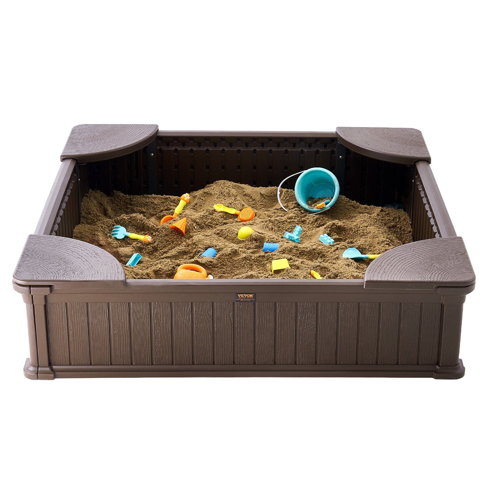 Sandbox with Cover, 48.6x48.6x12.4 in Square Sand Box, HDPE Sand Pit with 4 Corner Seating and Bottom Liner, Kids Sandbox for Outdoor Backyard, Beach, Park, Gift for Boys Girls Ages 3-12, Brown