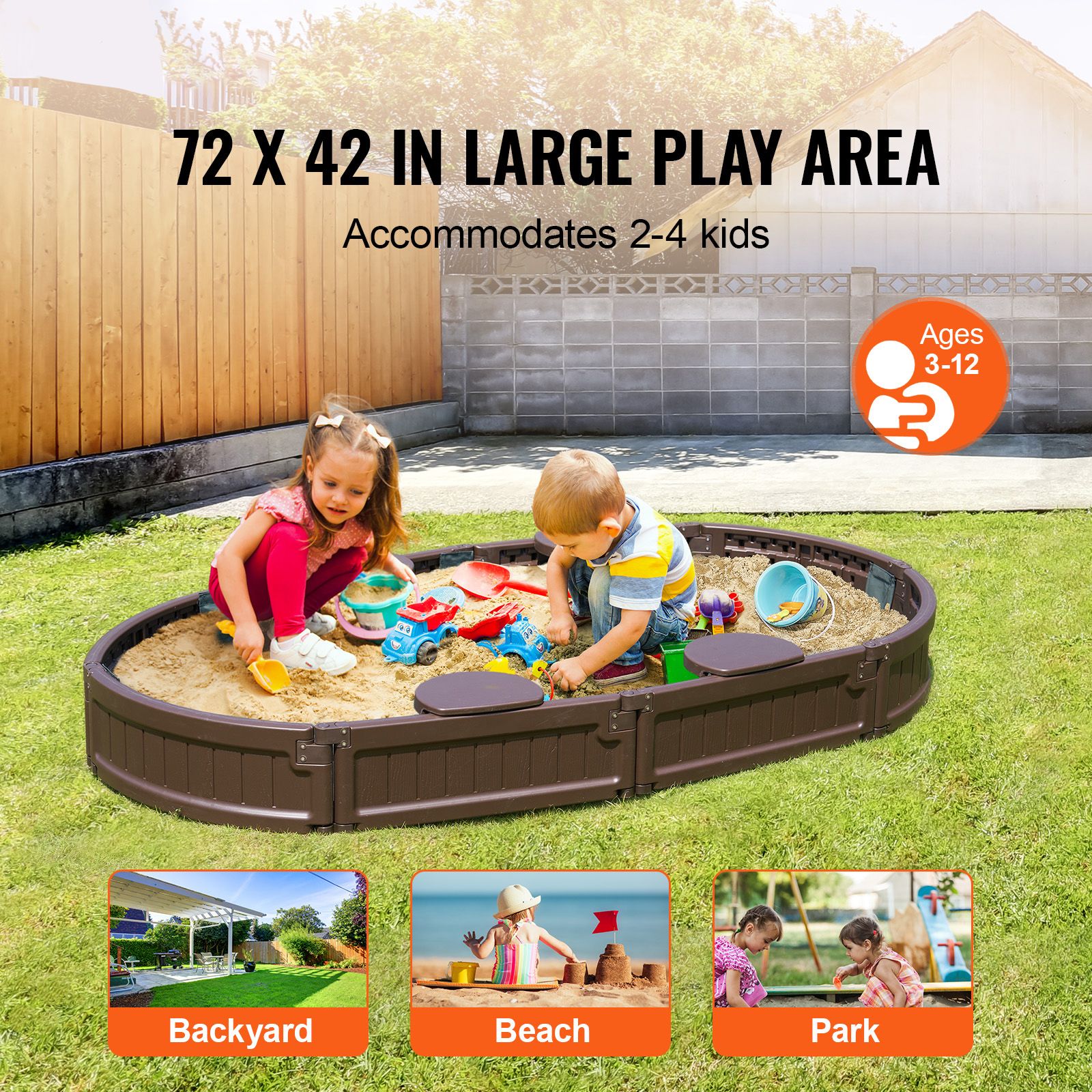 Sandbox with Cover, 72 x 41.5 x 9.1 in Oval Sand Box, HDPE Sand Pit with 4 Corner Seating and Bottom Liner, Kids Sandbox for Outdoor Backyard, Beach, Park, Gift for Boys Girls Ages 3-12, Brown
