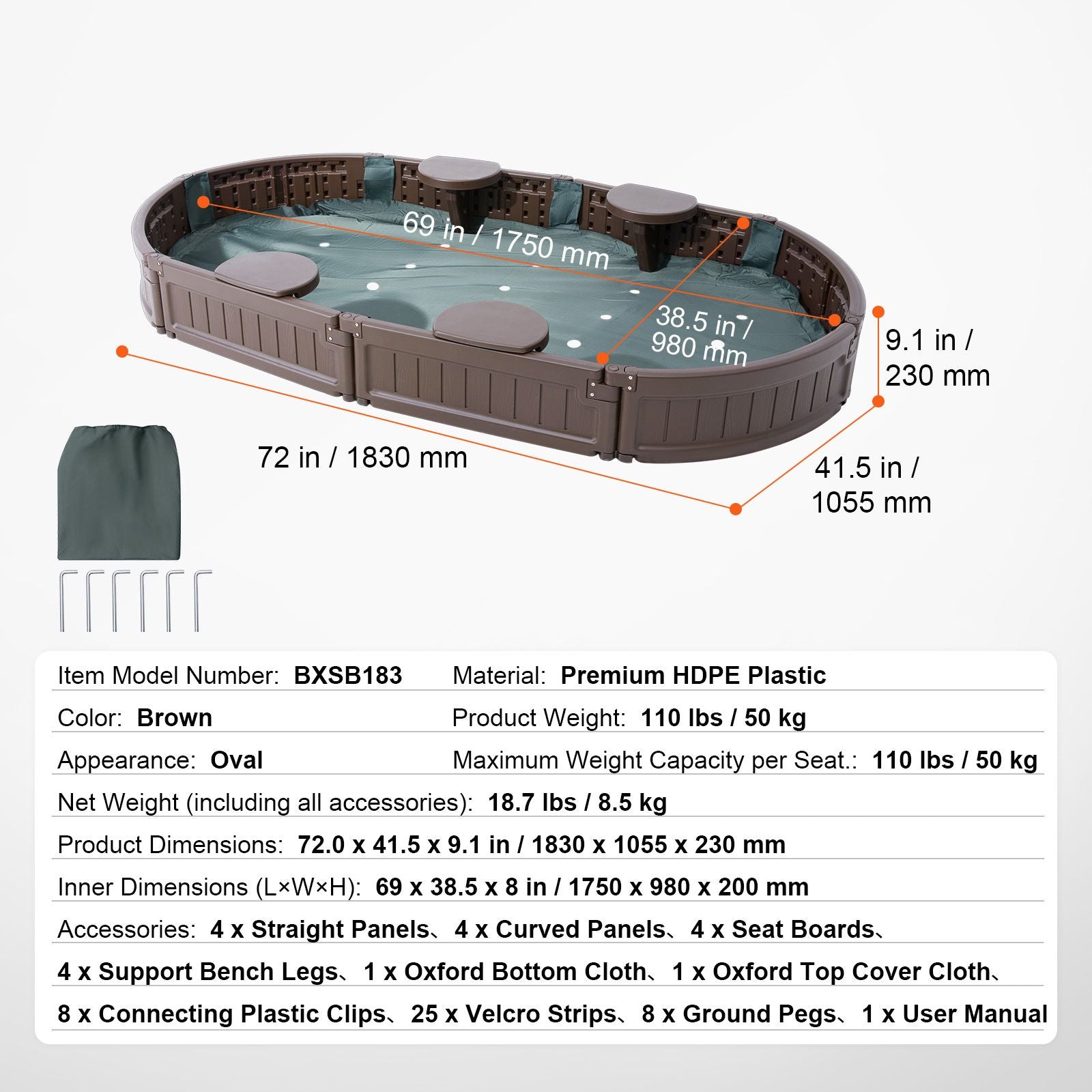 Sandbox with Cover, 72 x 41.5 x 9.1 in Oval Sand Box, HDPE Sand Pit with 4 Corner Seating and Bottom Liner, Kids Sandbox for Outdoor Backyard, Beach, Park, Gift for Boys Girls Ages 3-12, Brown