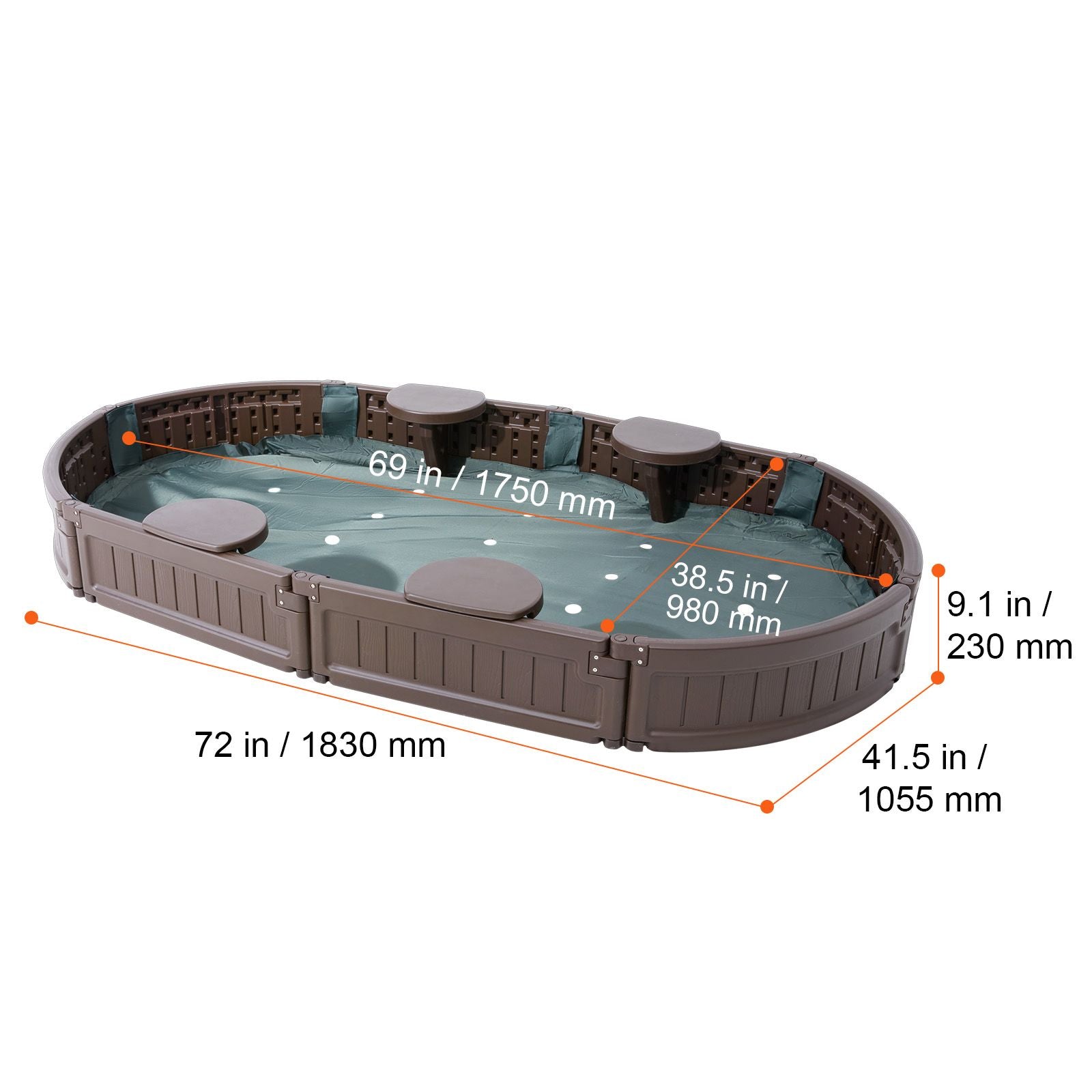 Sandbox with Cover, 72 x 41.5 x 9.1 in Oval Sand Box, HDPE Sand Pit with 4 Corner Seating and Bottom Liner, Kids Sandbox for Outdoor Backyard, Beach, Park, Gift for Boys Girls Ages 3-12, Brown