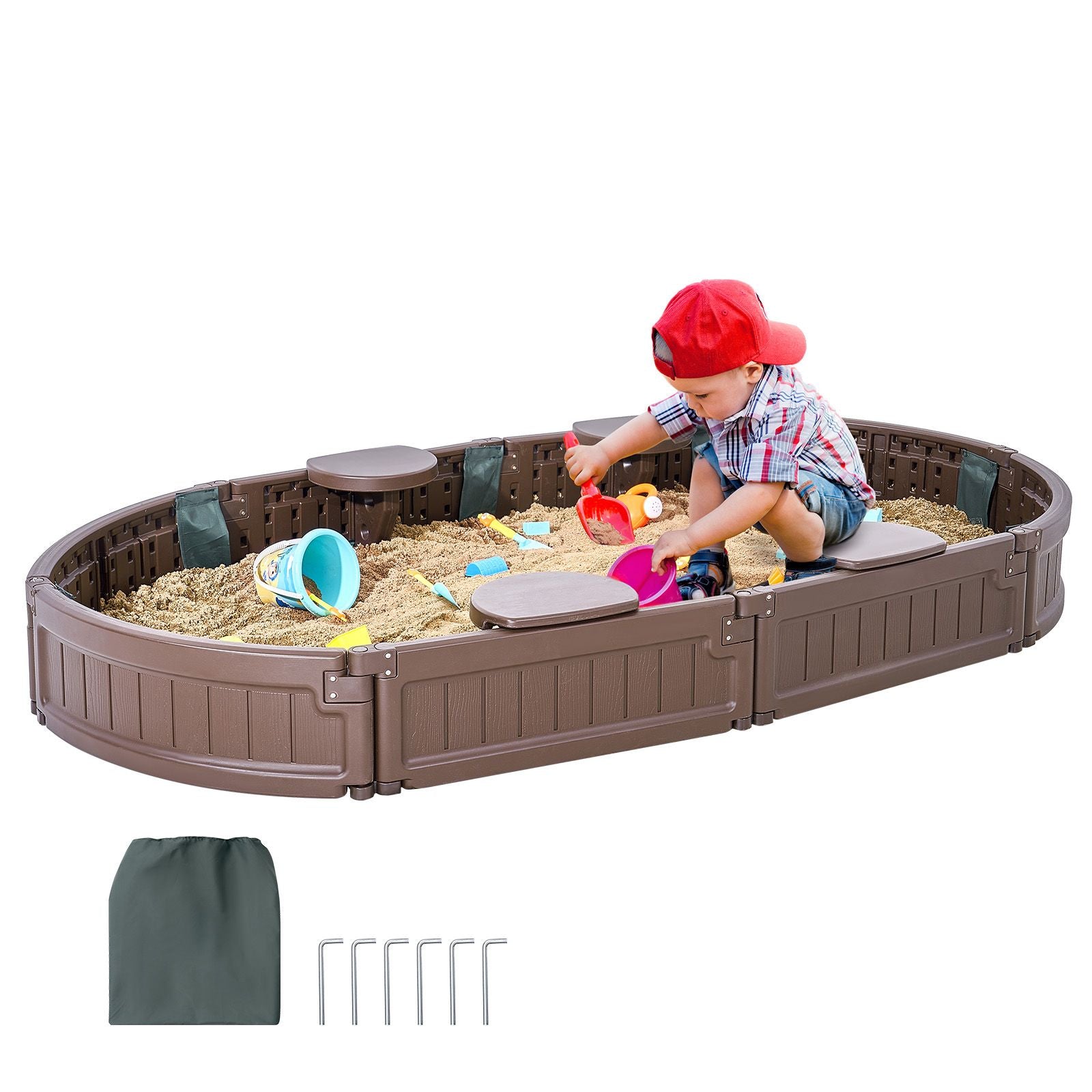 Sandbox with Cover, 72 x 41.5 x 9.1 in Oval Sand Box, HDPE Sand Pit with 4 Corner Seating and Bottom Liner, Kids Sandbox for Outdoor Backyard, Beach, Park, Gift for Boys Girls Ages 3-12, Brown