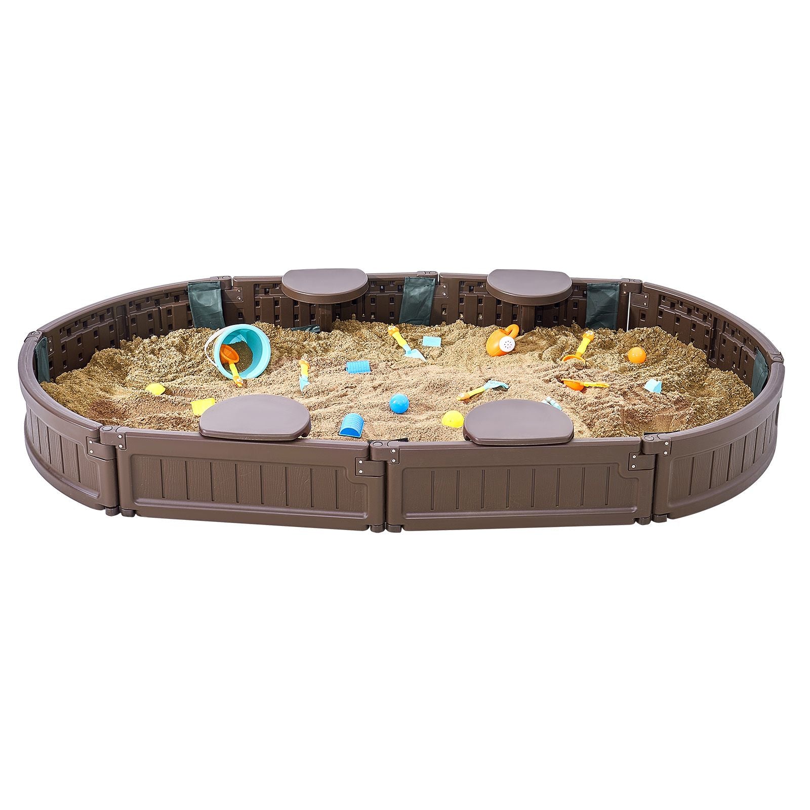 Sandbox with Cover, 72 x 41.5 x 9.1 in Oval Sand Box, HDPE Sand Pit with 4 Corner Seating and Bottom Liner, Kids Sandbox for Outdoor Backyard, Beach, Park, Gift for Boys Girls Ages 3-12, Brown