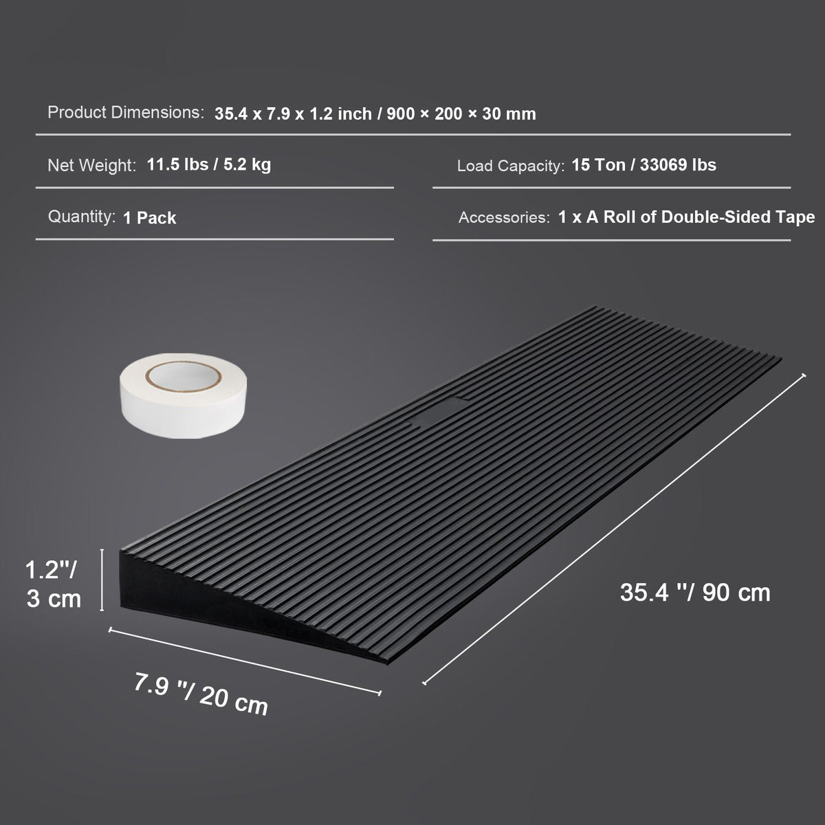 3cm Rubber Threshold Ramp 90cm Wide Cuttable Wheelchair Door Ramp