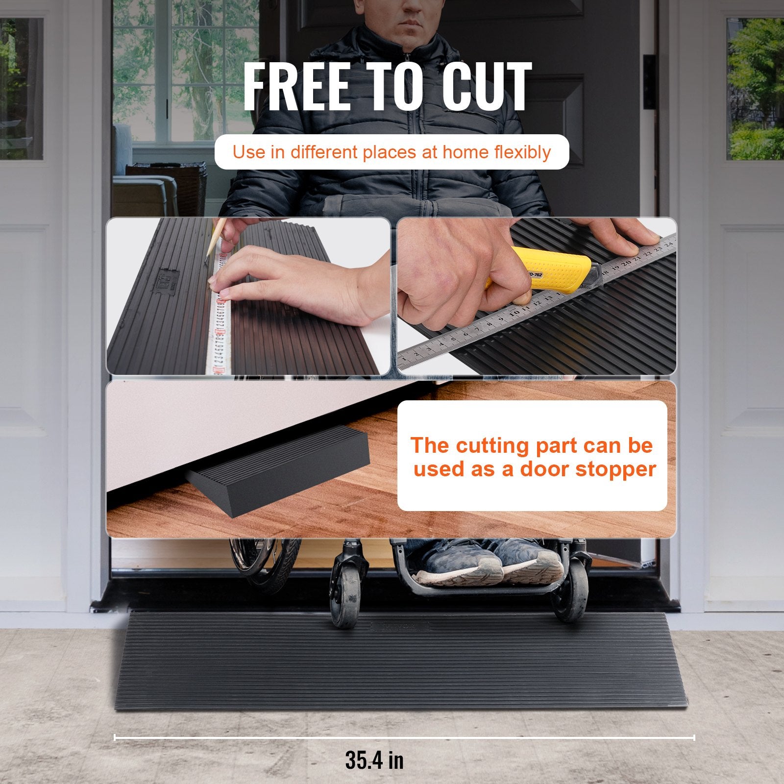 3 cm Rise Cuttable Threshold Ramp for Sweeping Robot, 90 cm Wide Natural Rubber Wheelchair Ramp, Non-Slip Solid Rubber Ramp with Double-Sided Tape for Doorways, Driveways, Bathroom, Smooth Tile