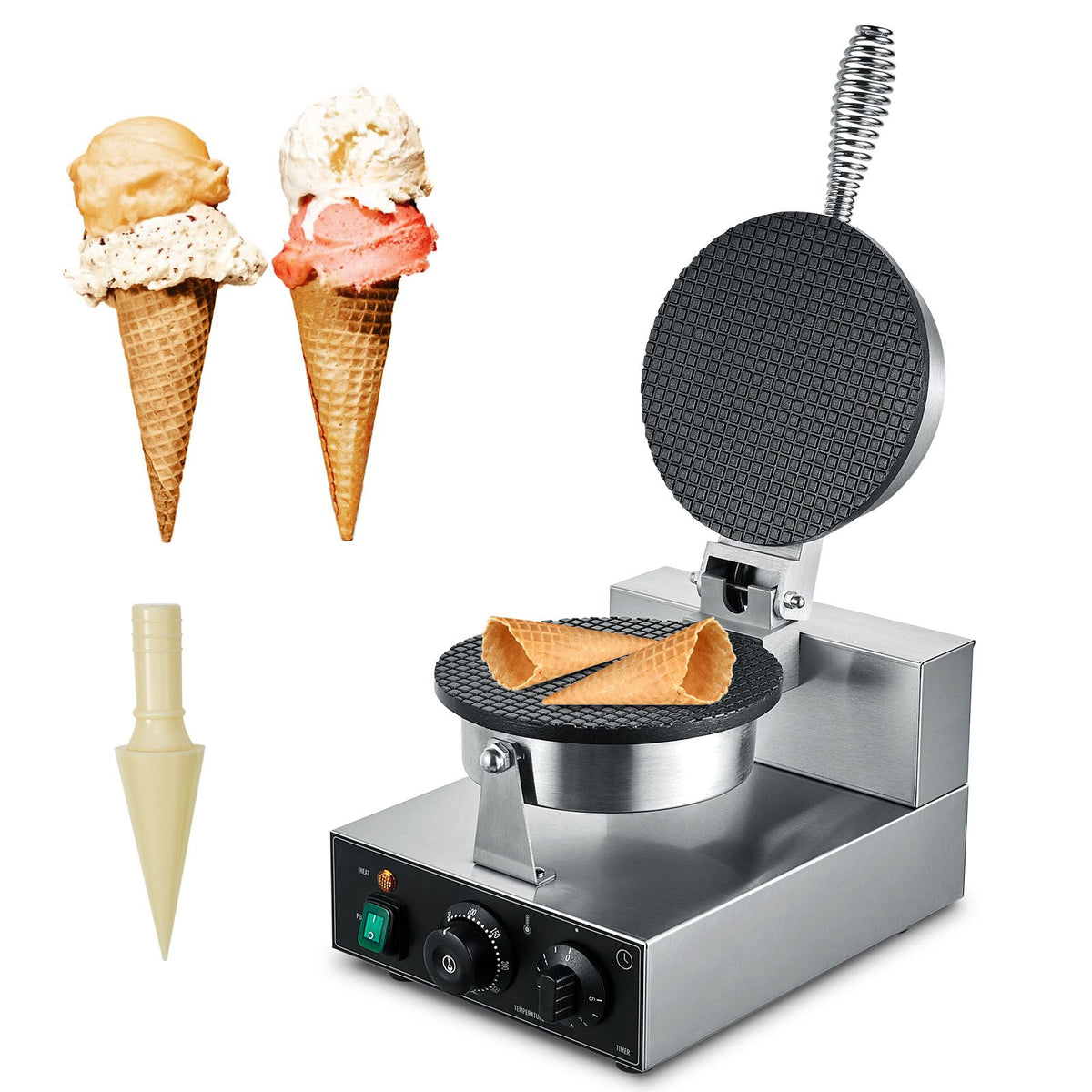 Electric Ice Cream Cone Maker, Commercial 1230W Waffle Cone Machine, Non-Stick Stainless Steel Egg Roll Mold, with Temperature and Time Control, Handle, for Restaurant Bakery Snack Bar Family