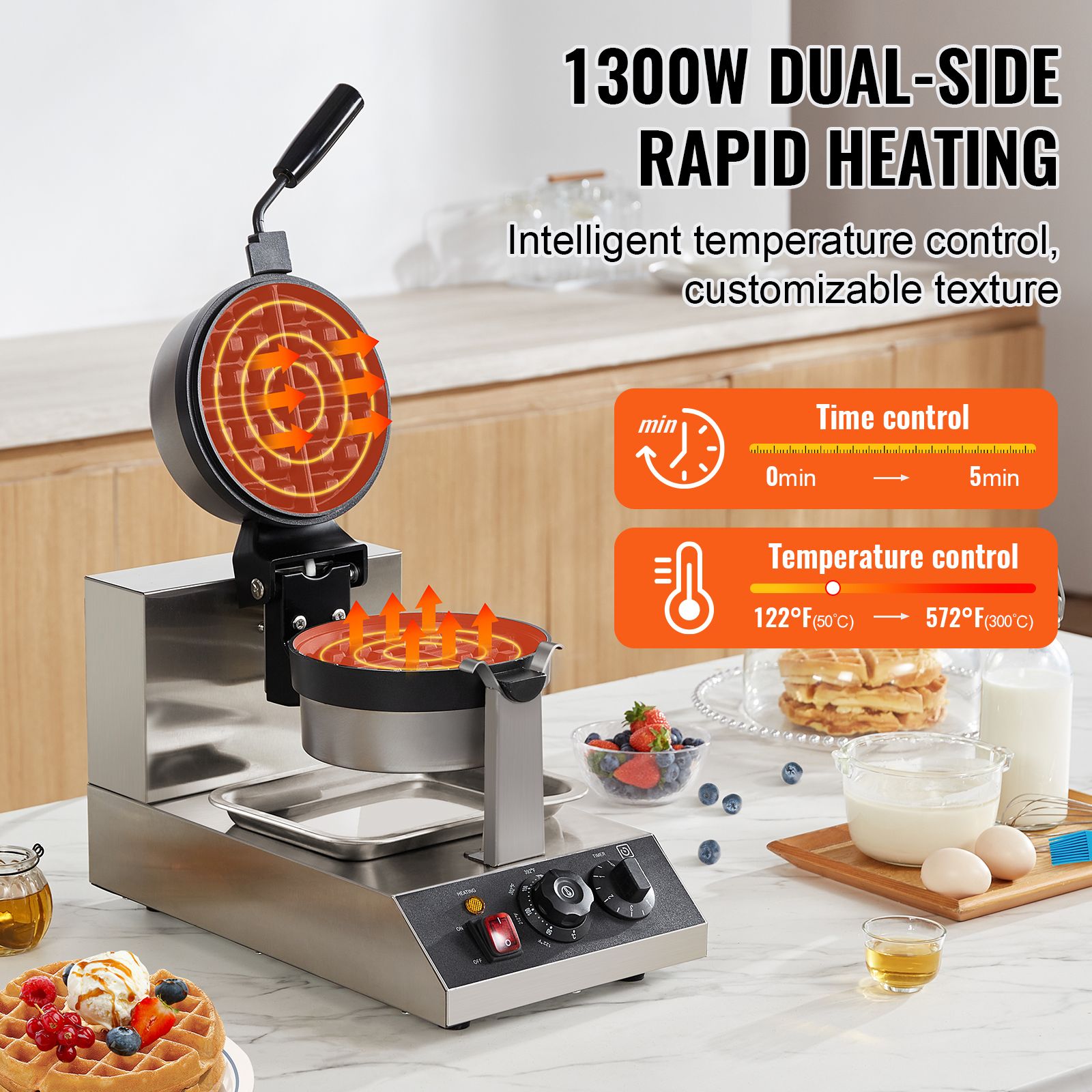 Commercial Waffle Maker, 1300W Round Waffle Baker Machine, Non-Stick Stainless Steel Belgian Waffle Iron, Temperature and Time Control, 180° Rotatable, for Restaurant Bakery Snack Bar Family